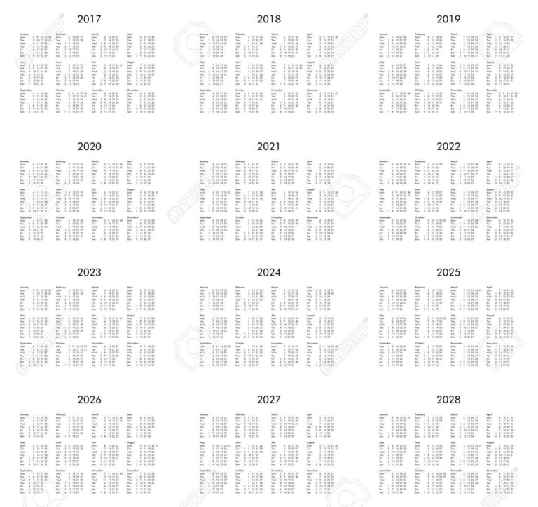 Calendrier Des Ann es 2017 2018 2019 2020 2021 2022 2023 2024 2025 2026 2027 2028 Banque D Images Et Photos Libres De Droits Image 67430148