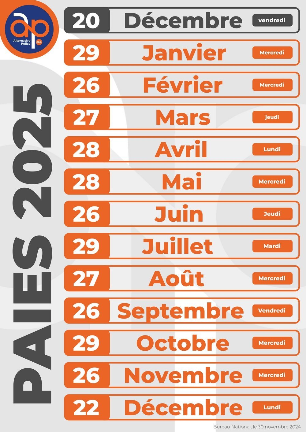 calendrier paye fonctionnaire