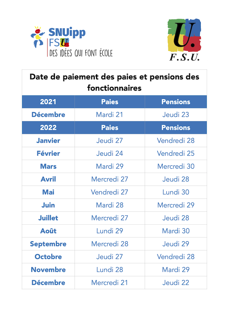 Calendrier Des Paies Et Pensions Dans La Fonction Publique 2022 FSU SNUipp 55
