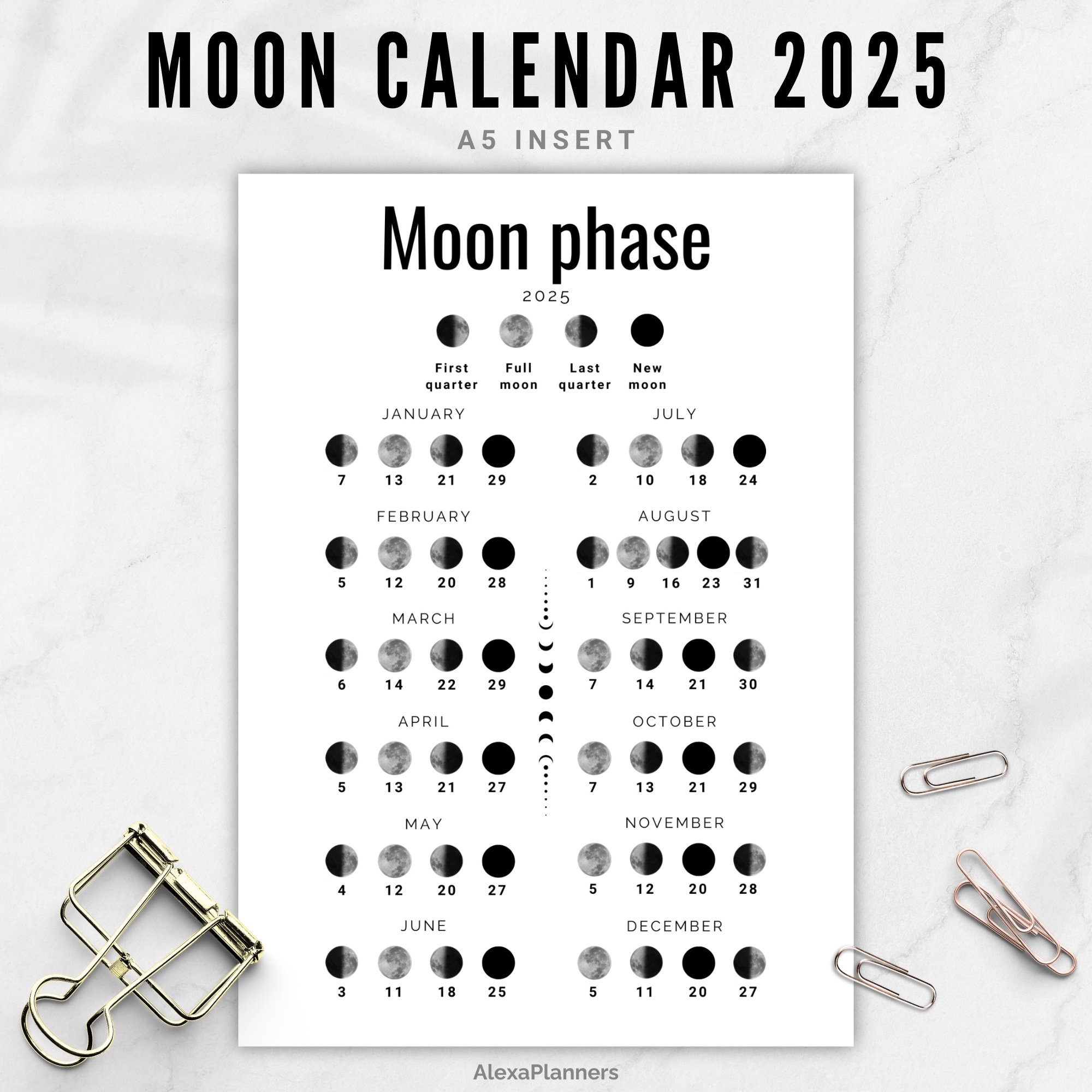Calendrier Des Phases De La Lune 2025 Calendrier Lunaire Inserts D agenda A5 Etsy France
