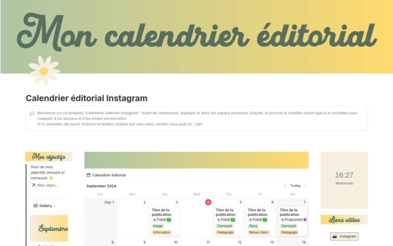 Calendrier ditorial Instagram Mod le Cr Par Melen Marketplace Notion