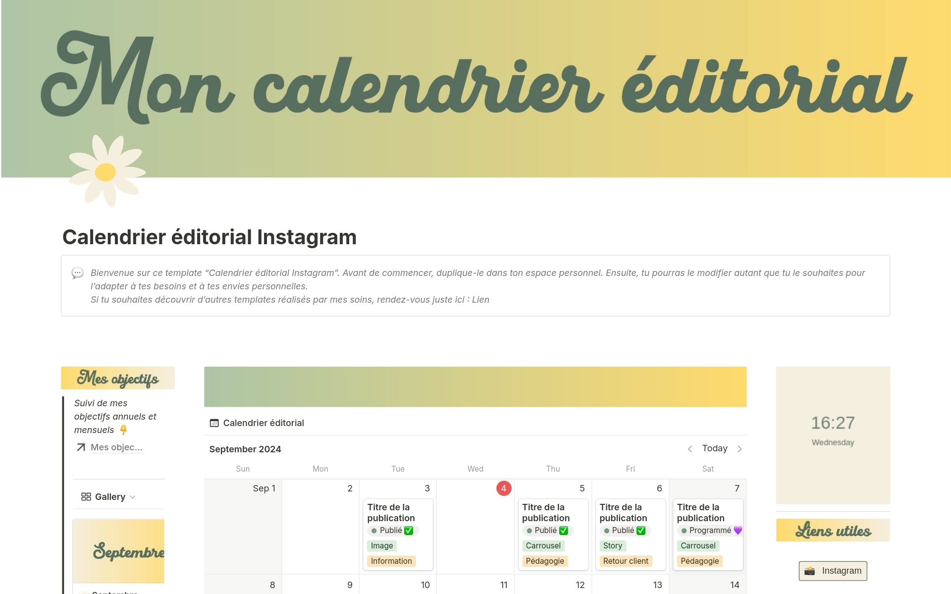 Calendrier ditorial Instagram Mod le Cr Par Melen Marketplace Notion