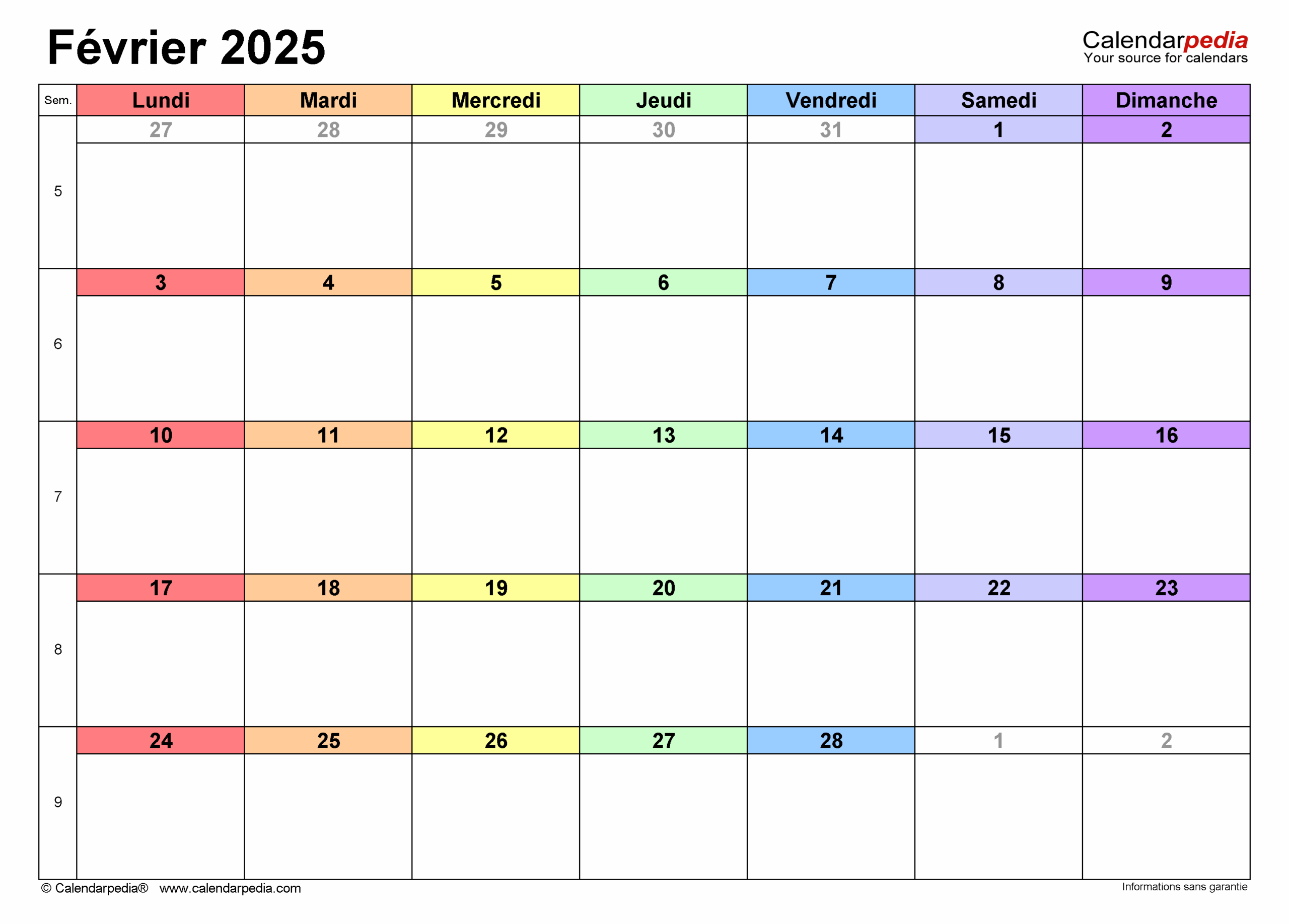 calendrier fevrier 2025 à imprimer