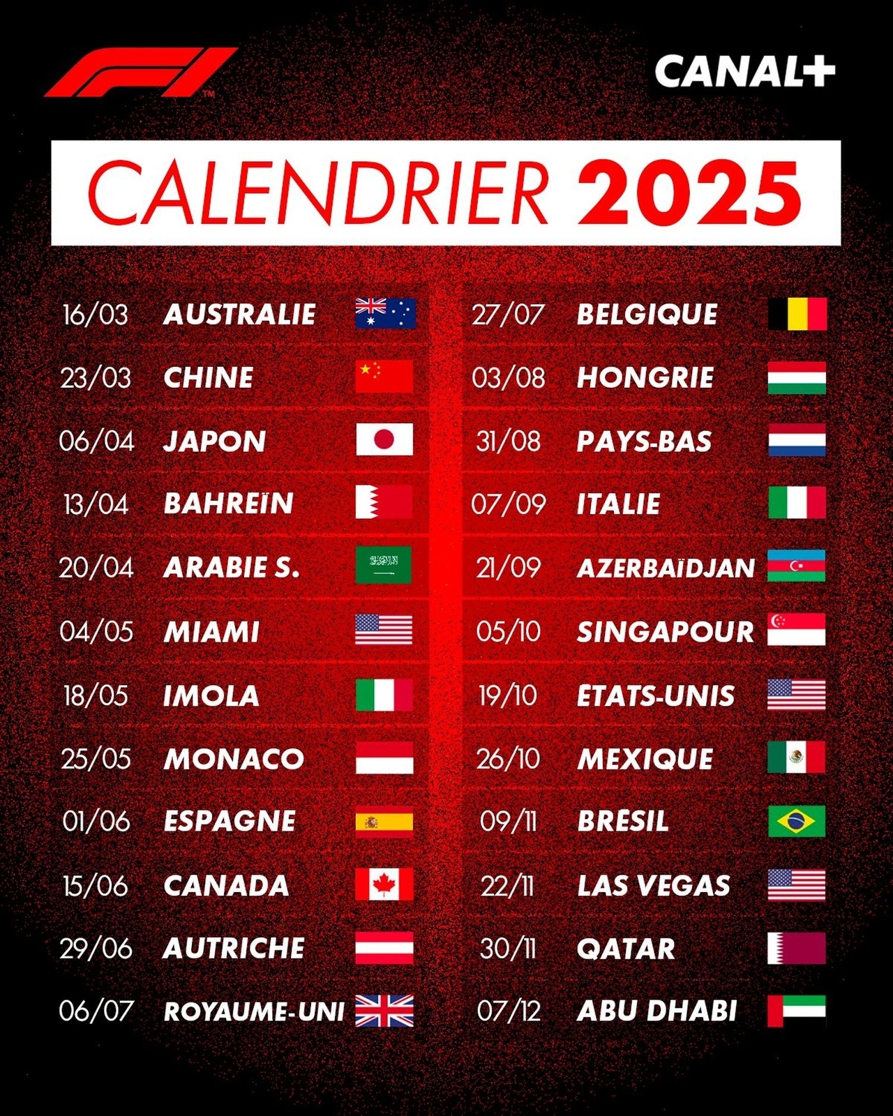 Calendrier F1 2025 Dates Et Horaires Des 24 Grands Prix Les Num riques