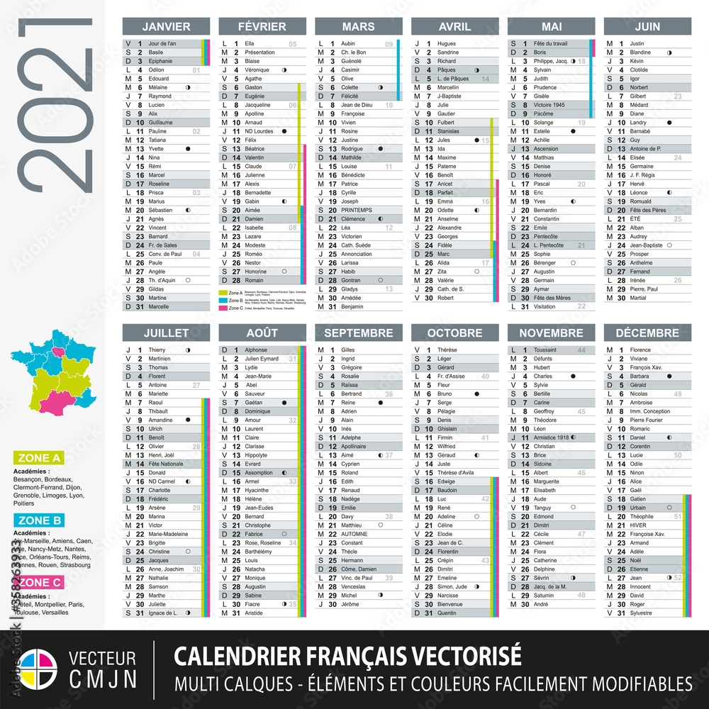 Calendrier Fran ais 2021 Avec Vacances Scolaires Noms Des Saints Du Jour Cycles Lunaires F ri s F tes Etc Couleur Gris Neutre 100 Vectoris s Vecteur Multi Calques Stock Vector Adobe Stock