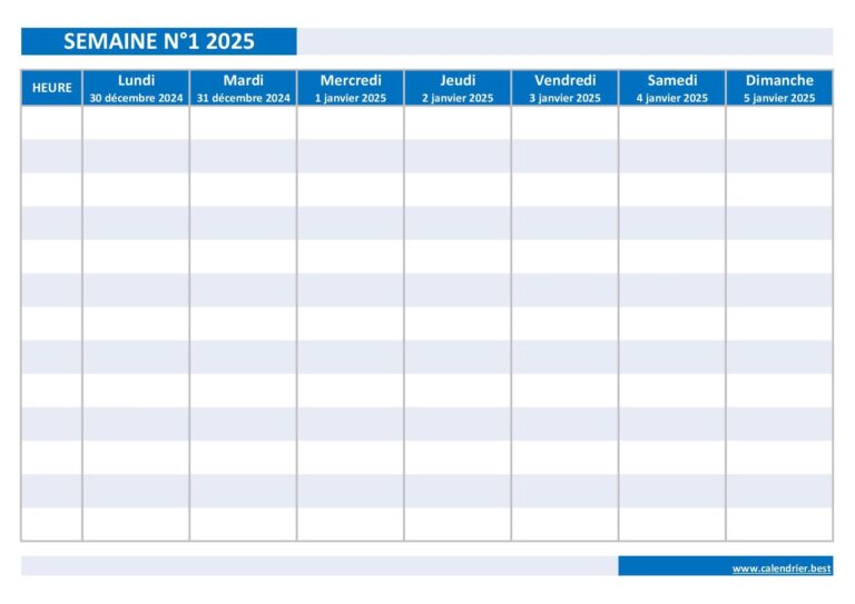 Calendrier Hebdomadaire 2025 Imprimer