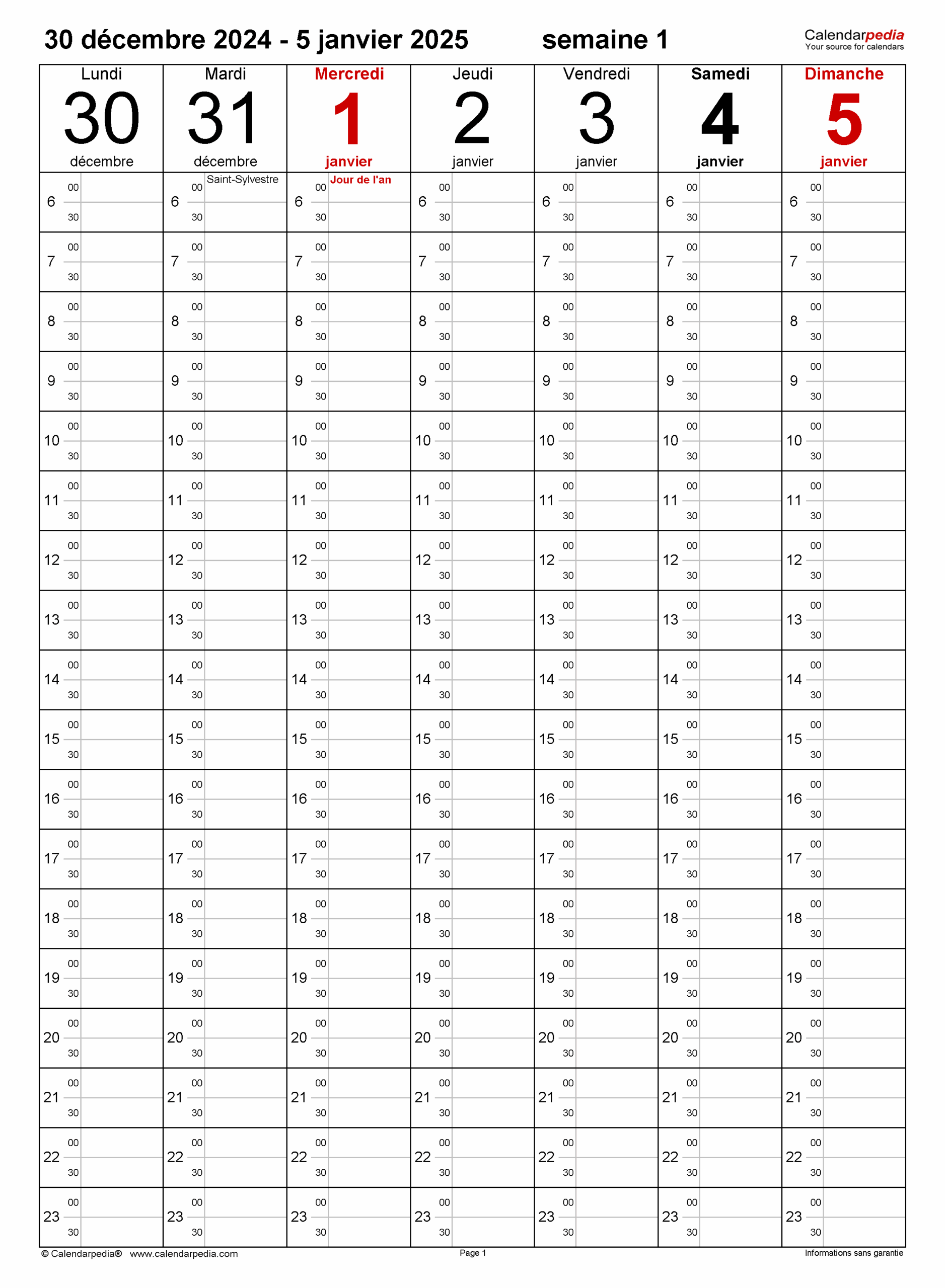 Calendrier Hebdomadaire 2025 PDF Excel Et Word