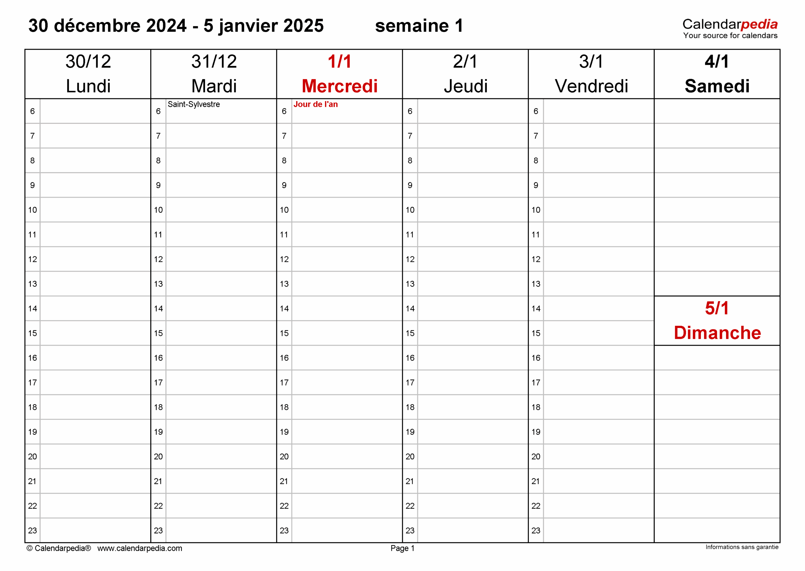 Calendrier Hebdomadaire 2025 PDF Excel Et Word