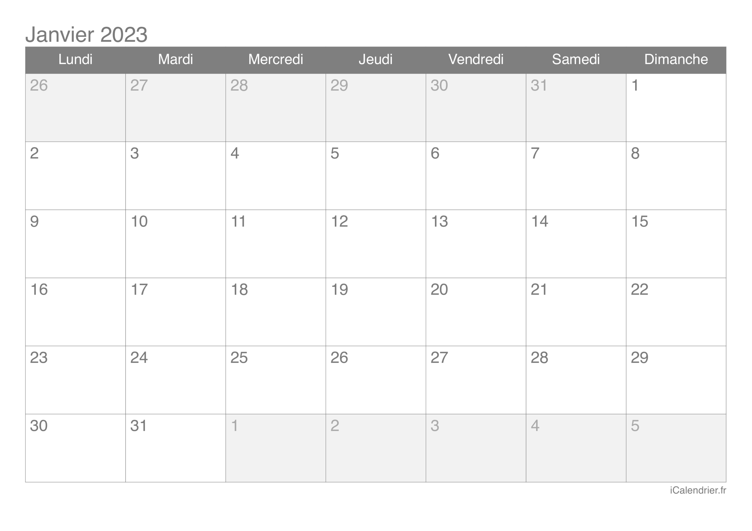 Calendrier Janvier 2023 Imprimer