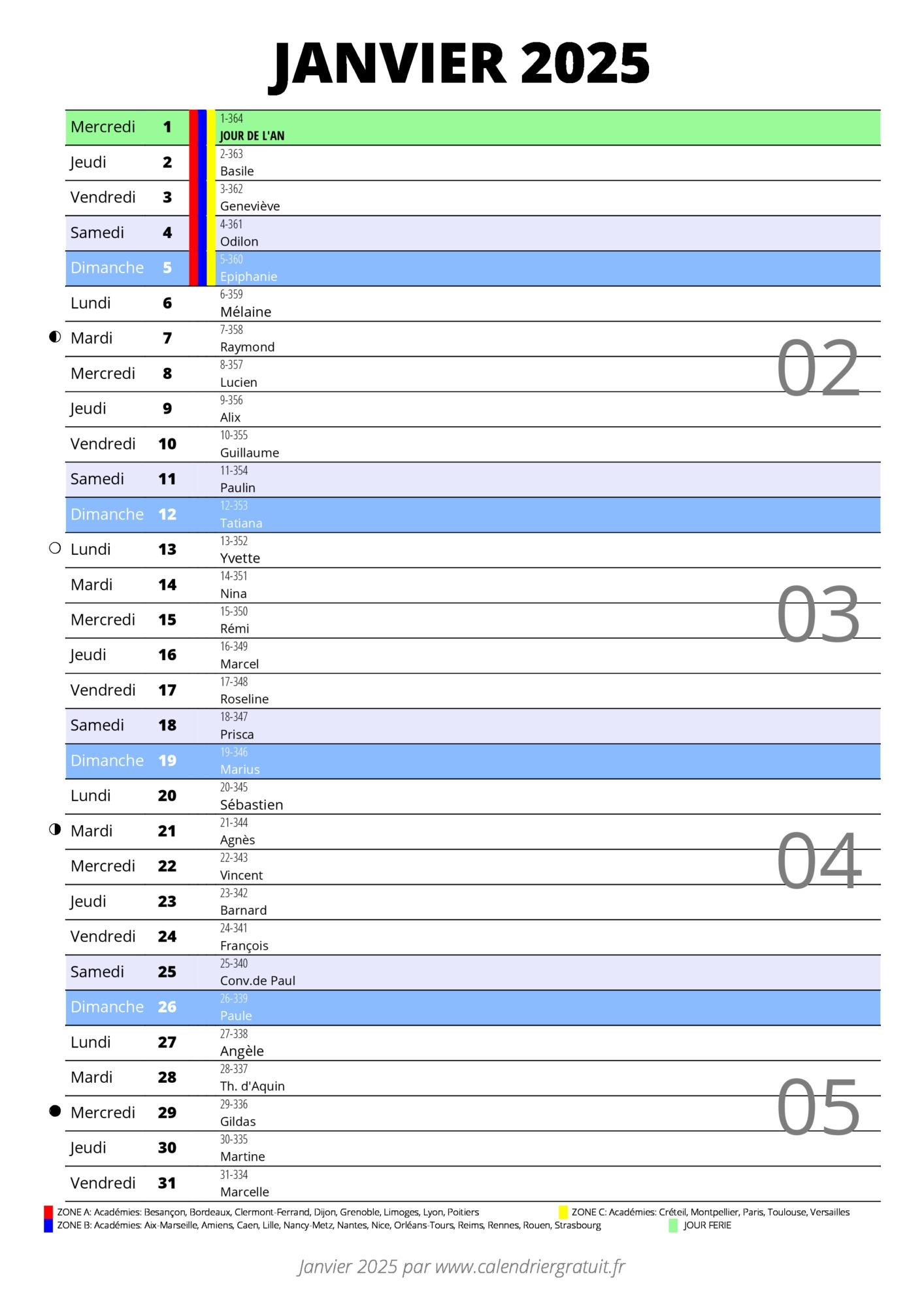 calendrier janvier 2025 à imprimer pdf