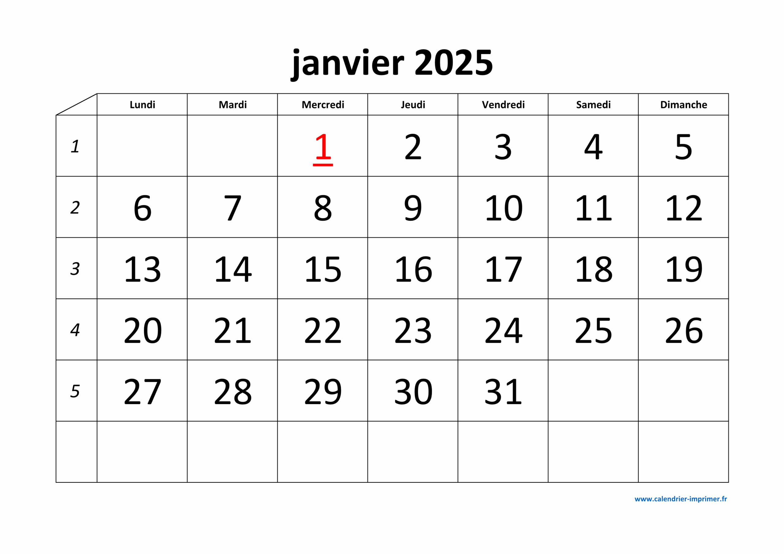 Calendrier Janvier 2025 Imprimer