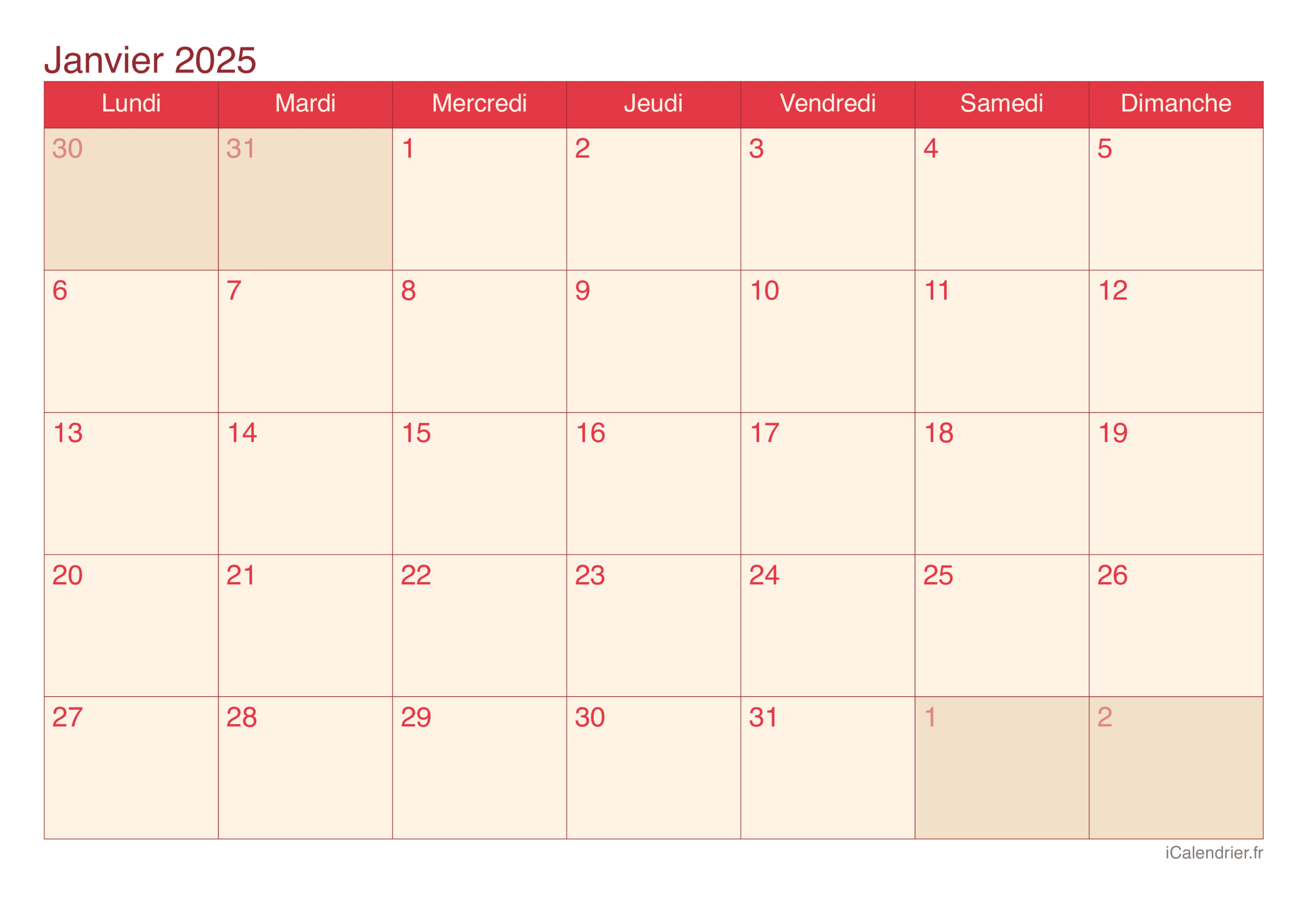 calendrier mois de janvier 2025 à imprimer