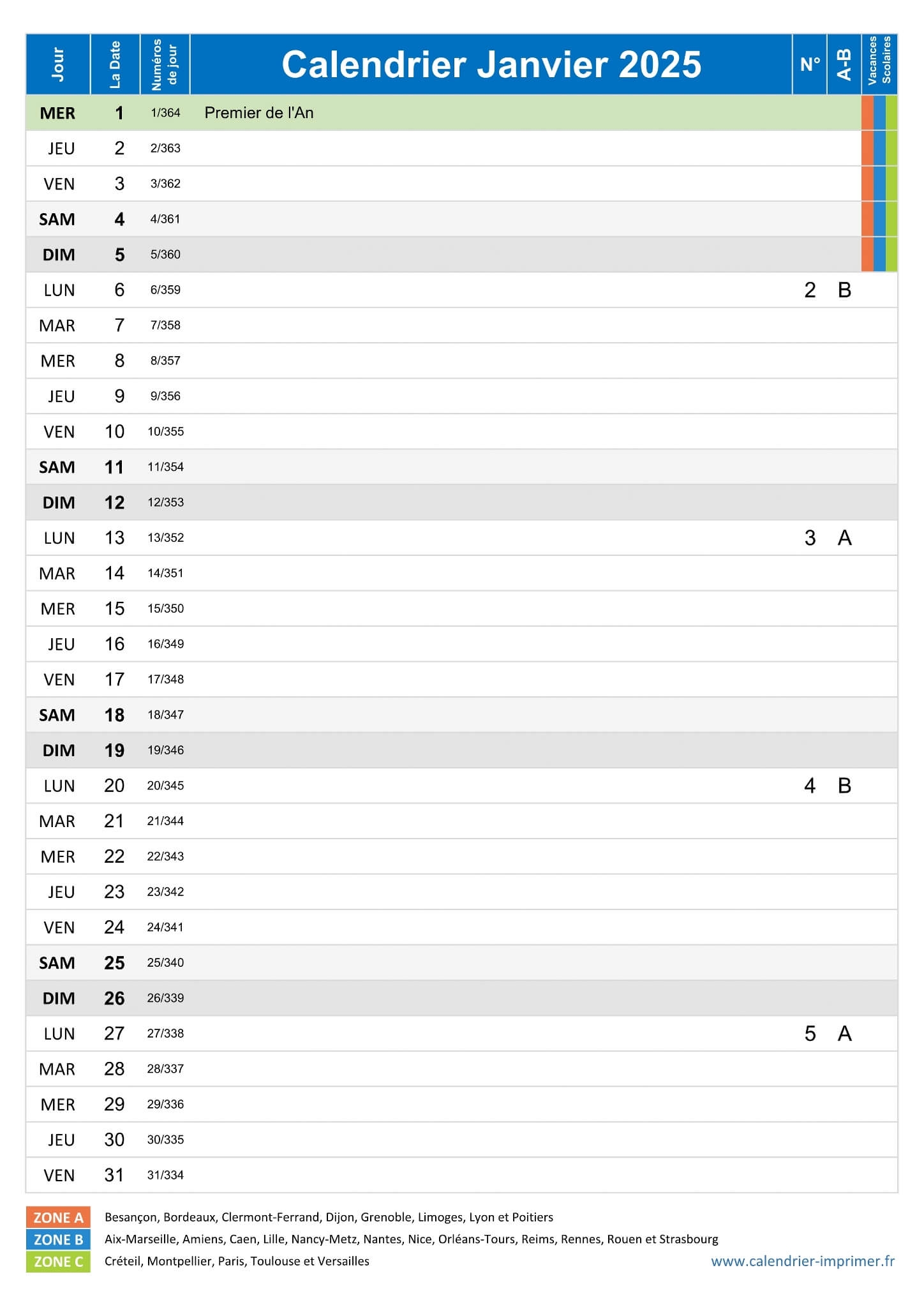 Calendrier Janvier 2025 Imprimer