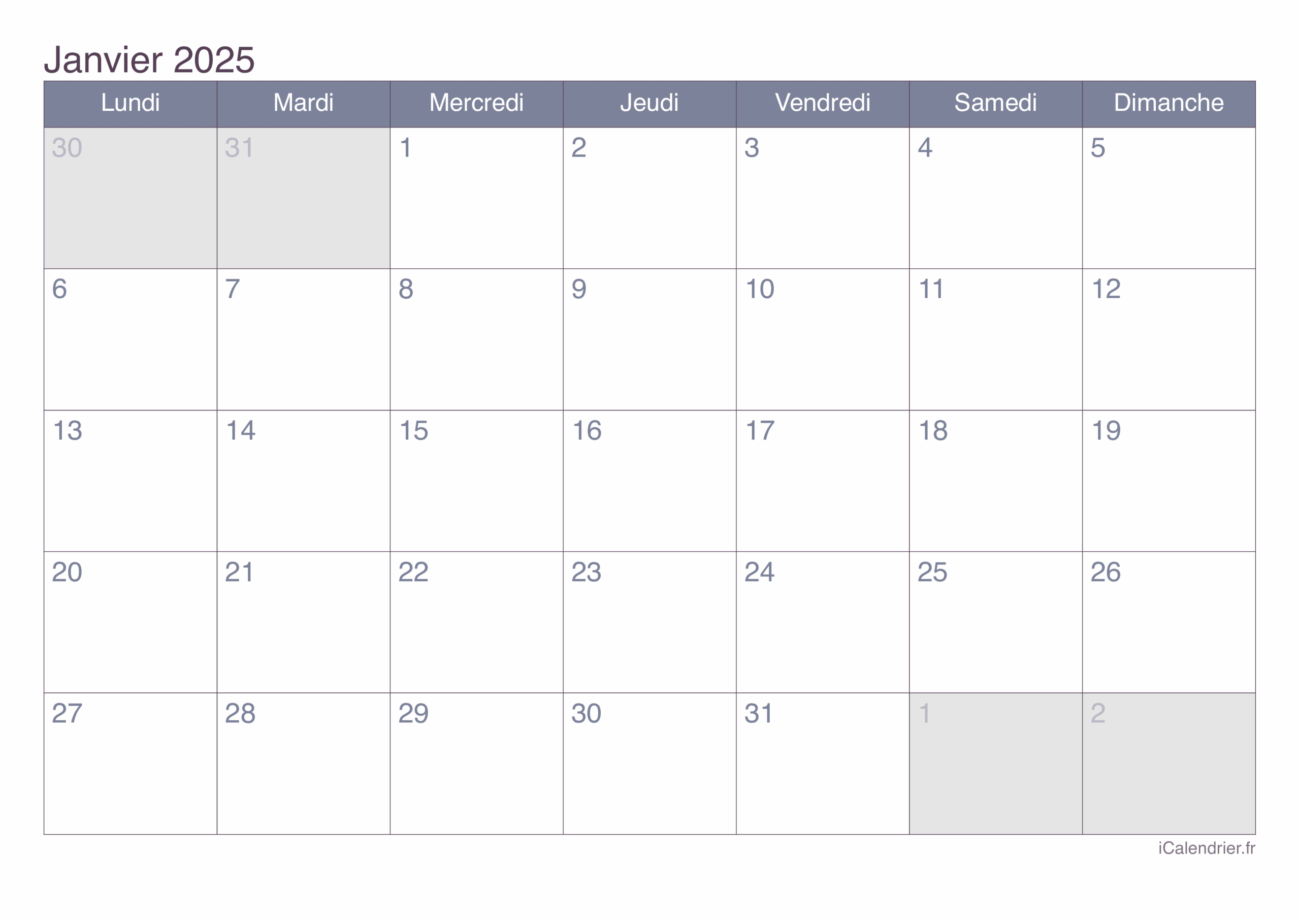 Calendrier Janvier 2025 Imprimer