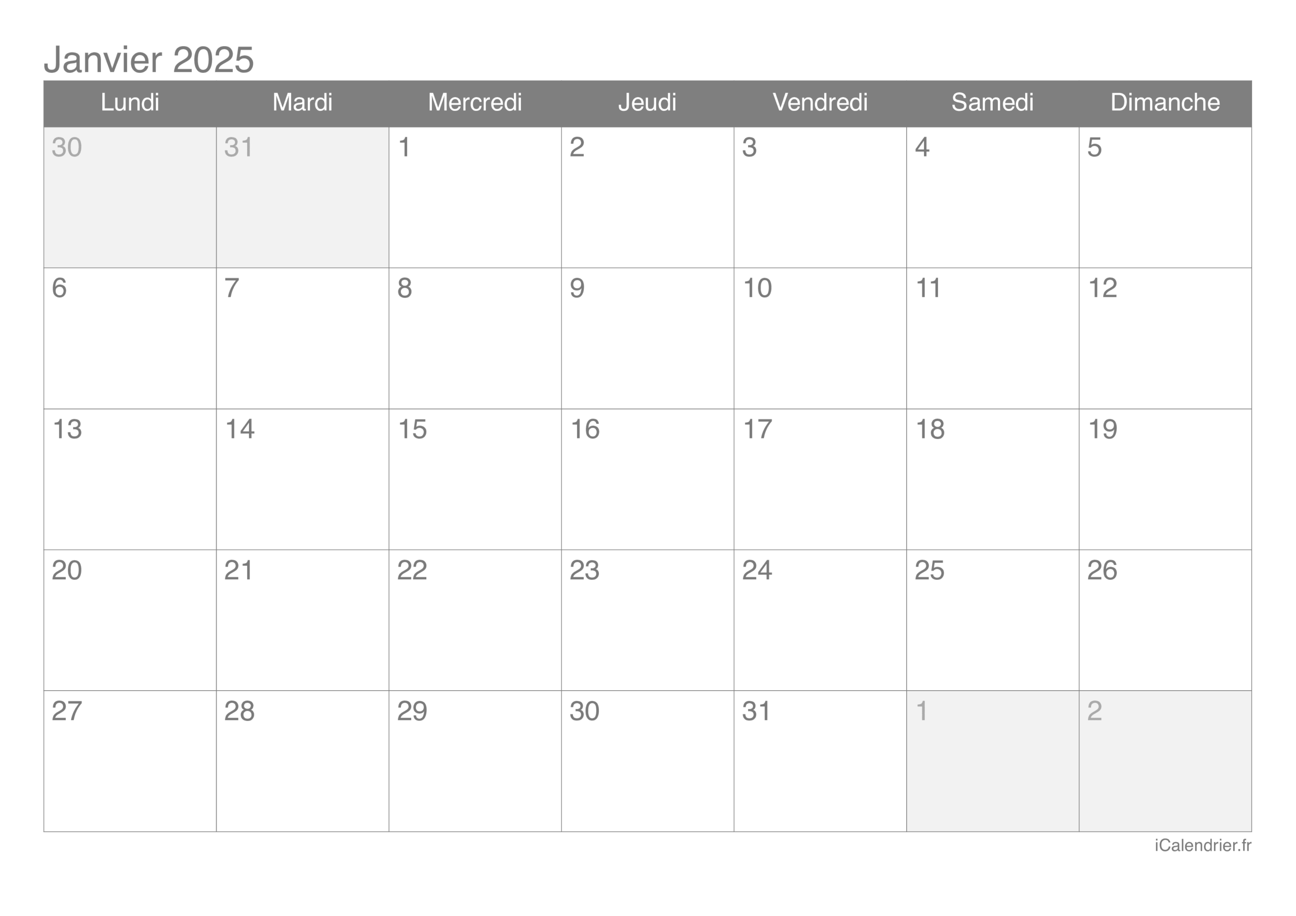 Calendrier Janvier 2025 Imprimer