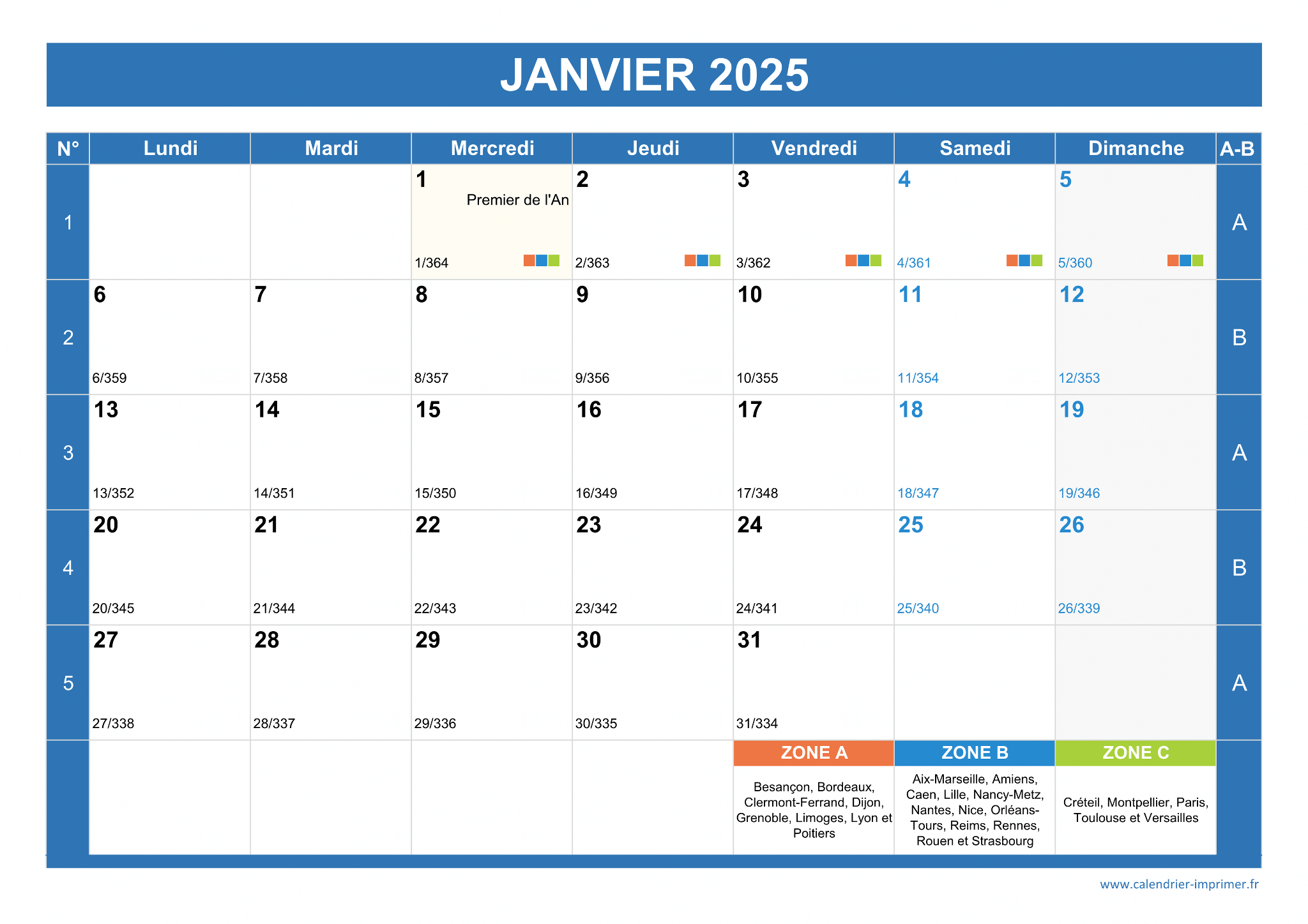 calendrier 2025 à imprimer avec jours fériés