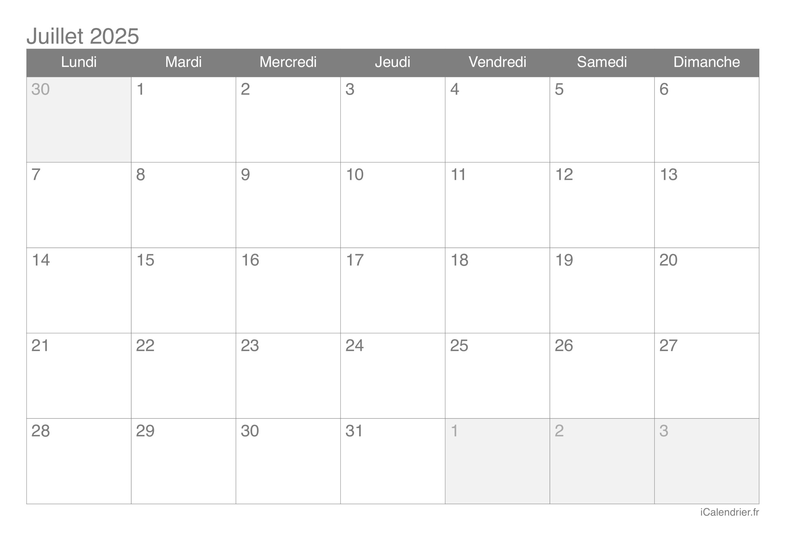 Calendrier Juillet 2025 Imprimer