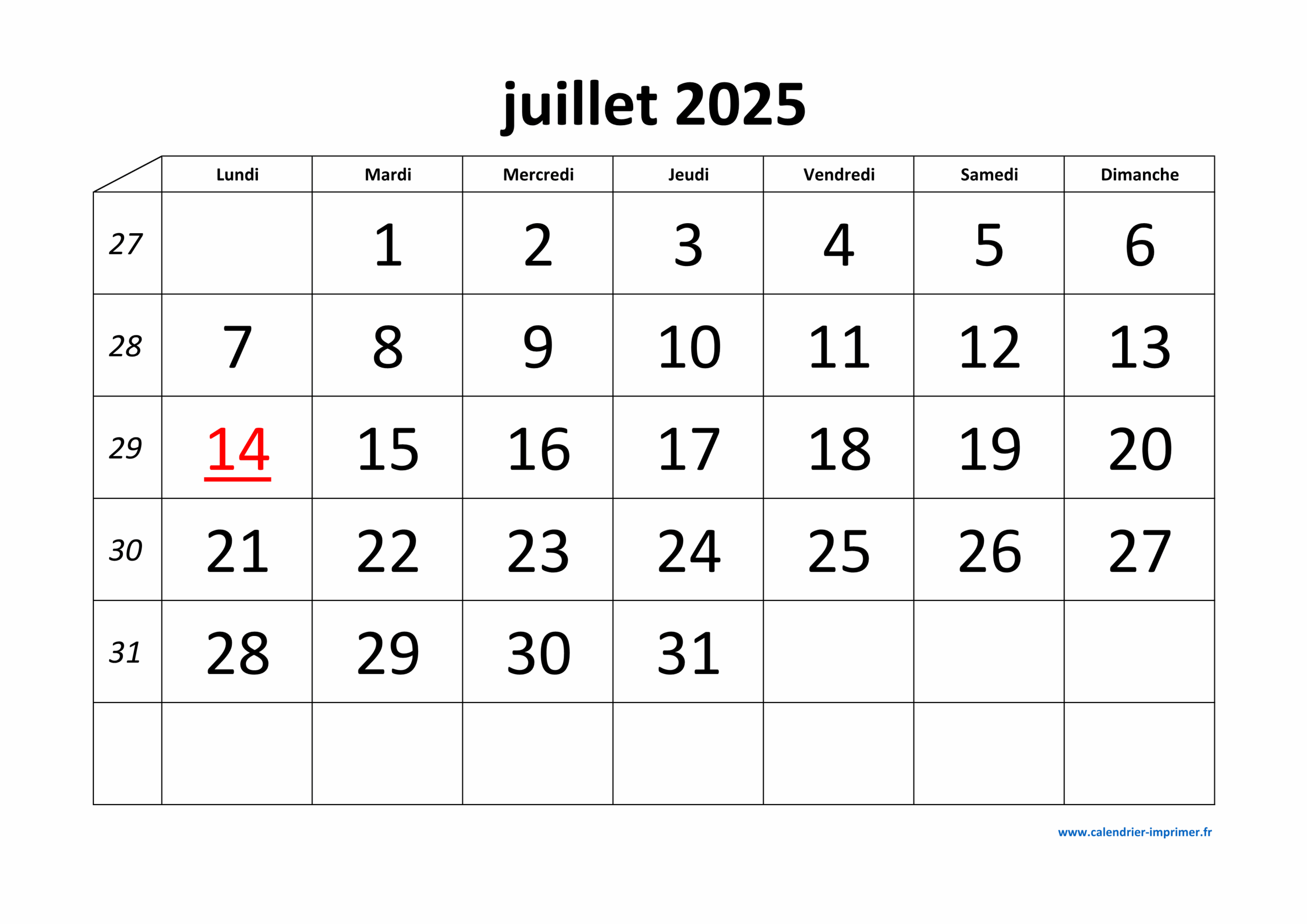 Calendrier Juillet 2025 Imprimer