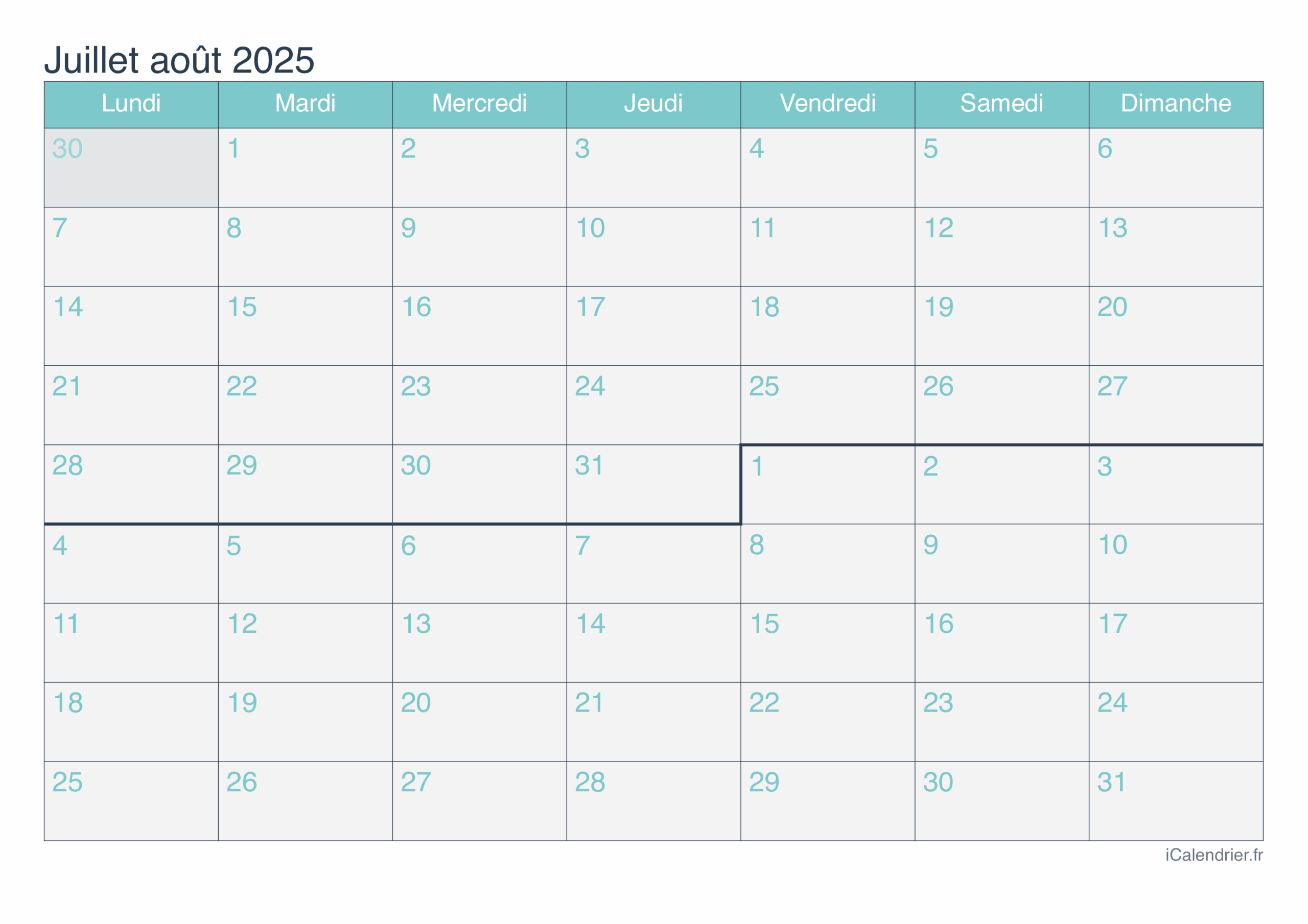calendrier juillet aout 2025 à imprimer