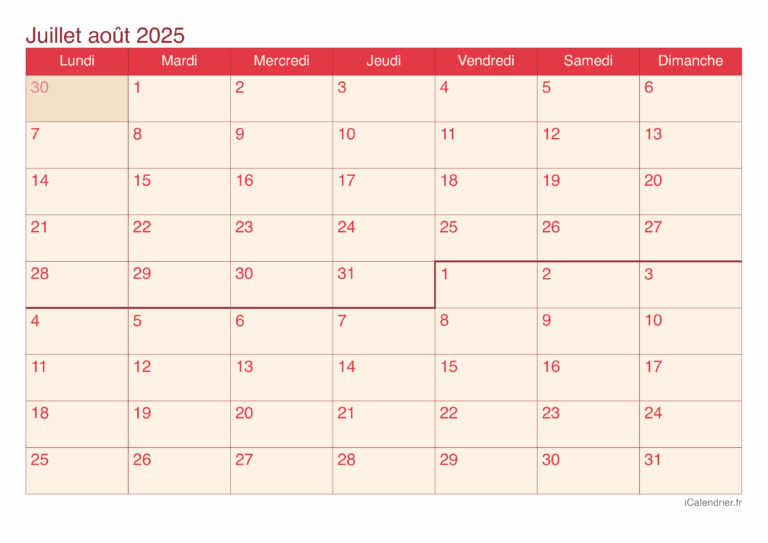 Calendrier Juillet Et Ao t 2025 Imprimer