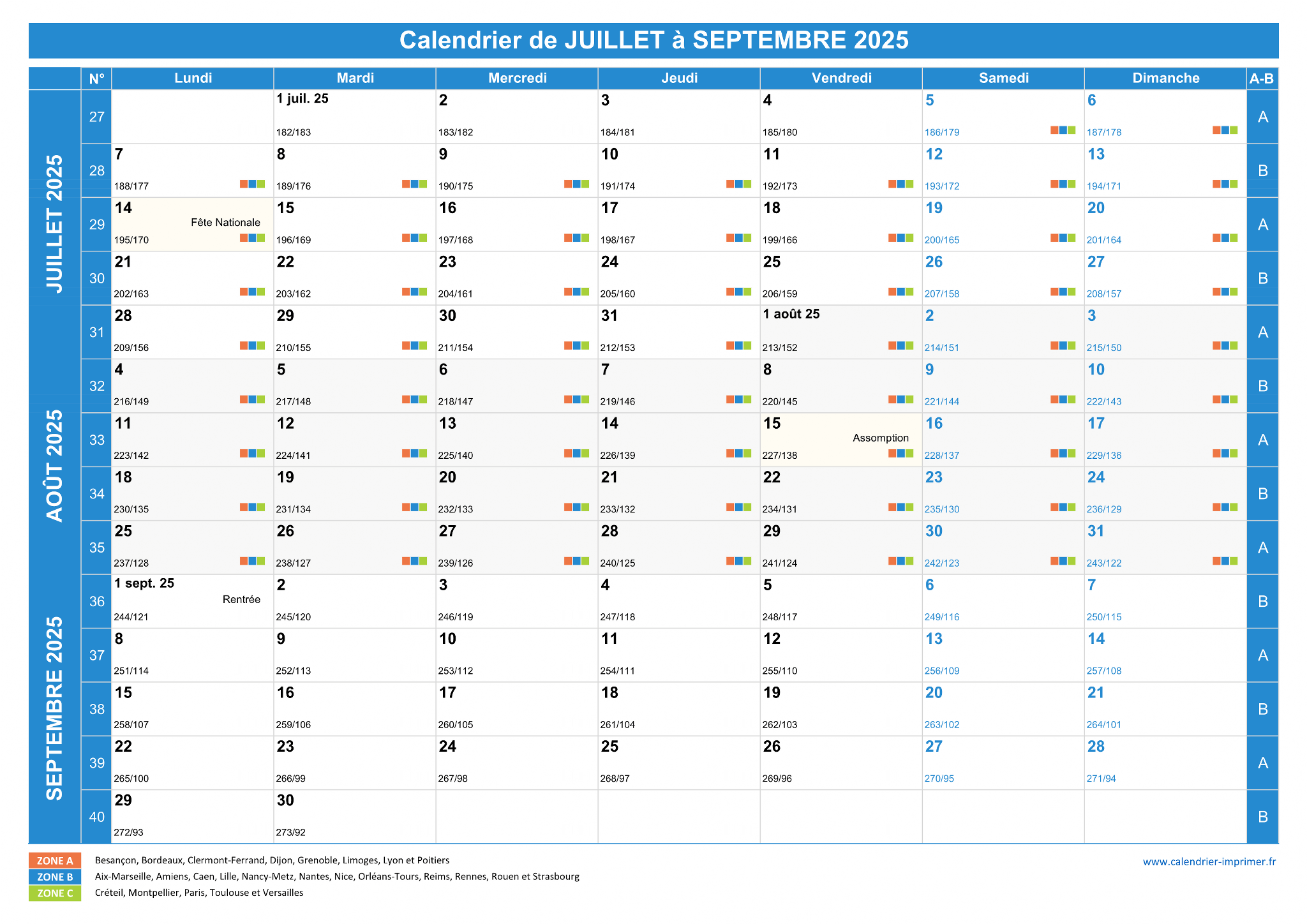 Calendrier Juillet Septembre 2025