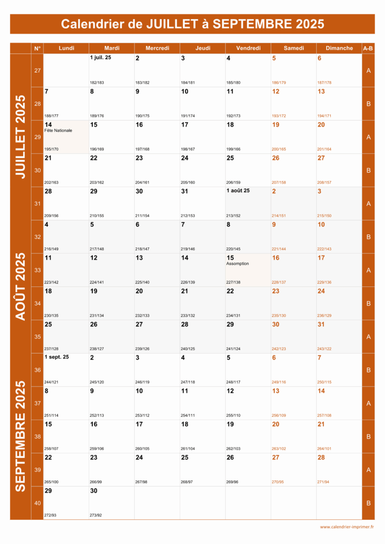 Calendrier Juillet Septembre 2025