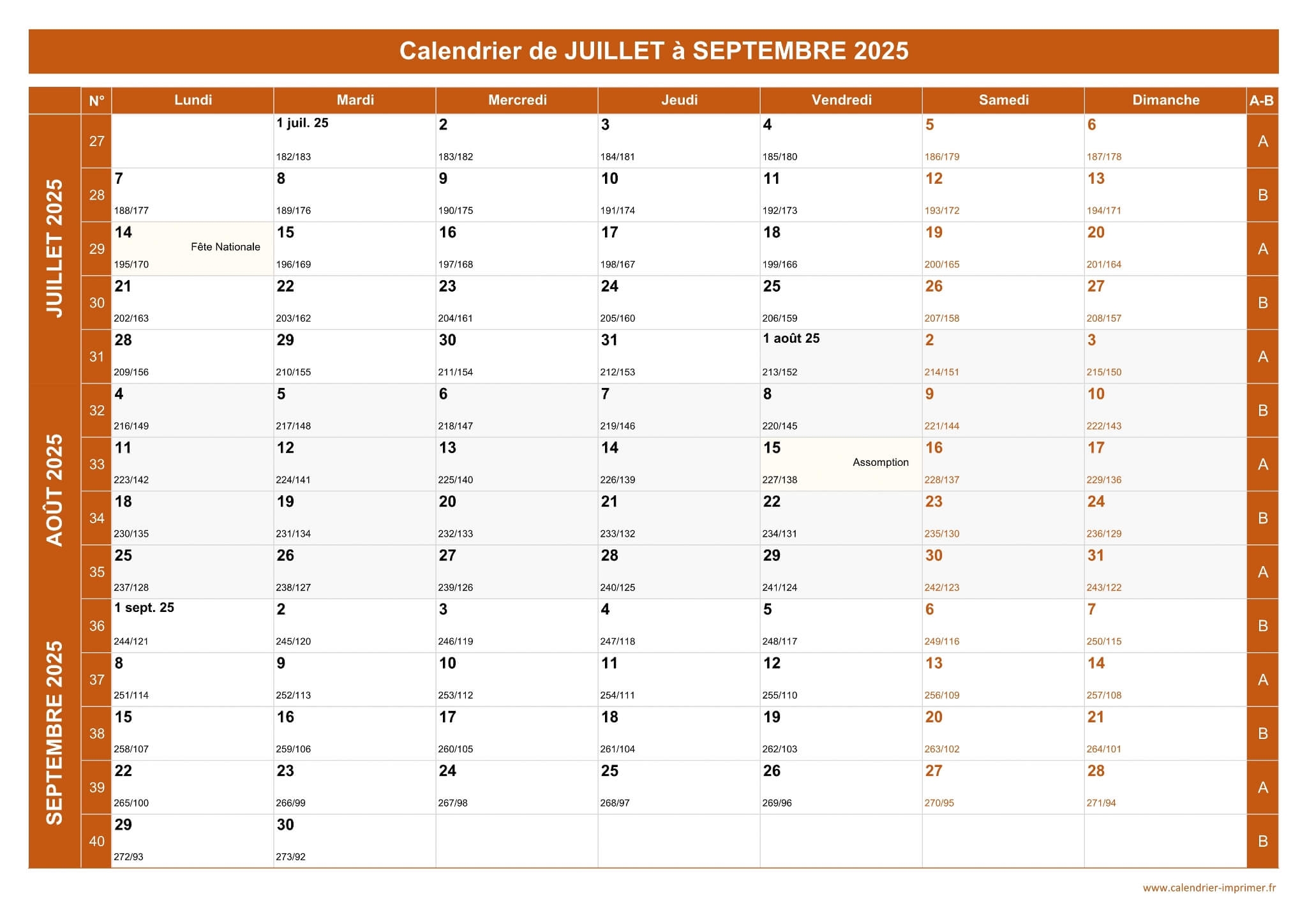 Calendrier Juillet Septembre 2025