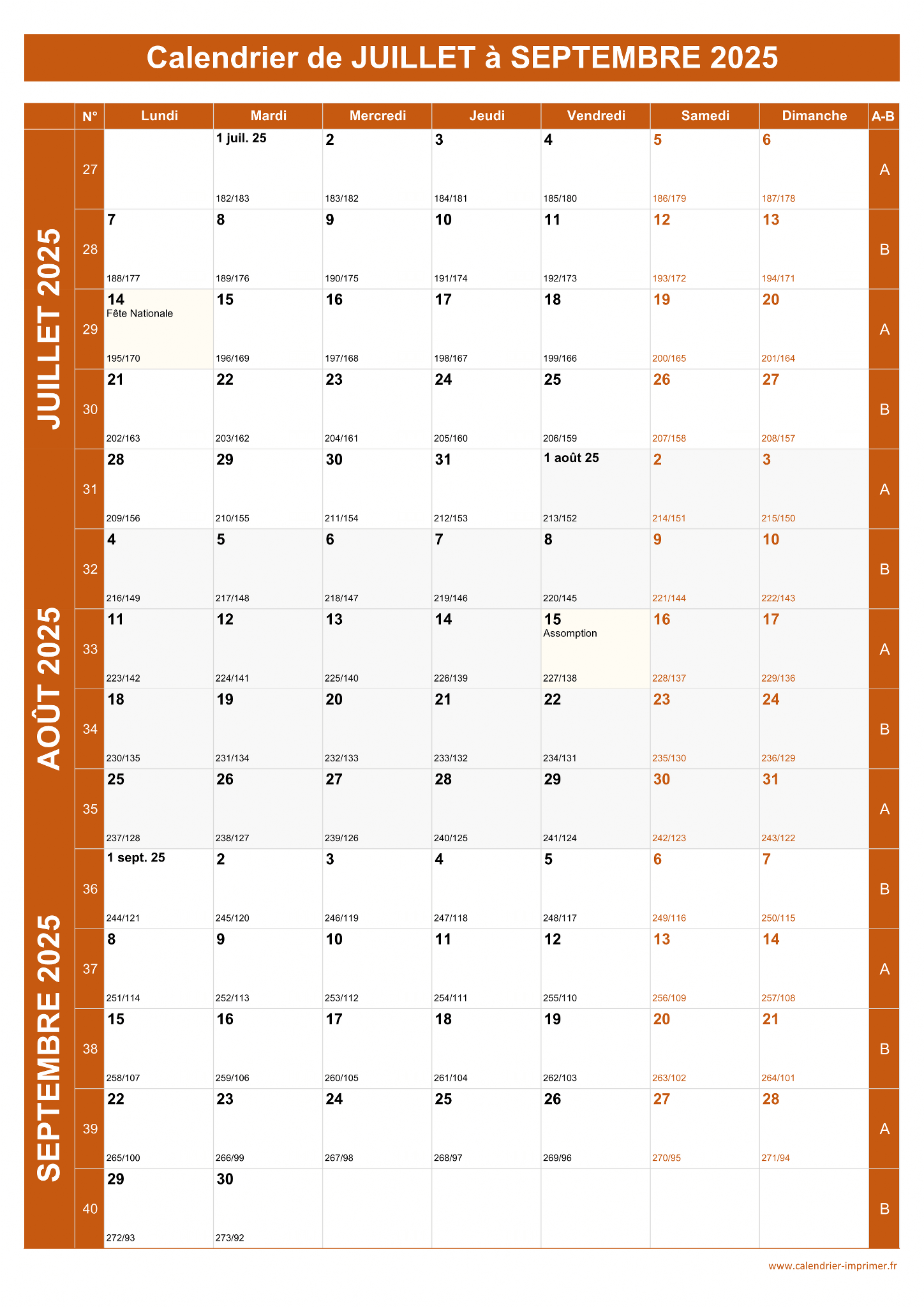 Calendrier Juillet Septembre 2025