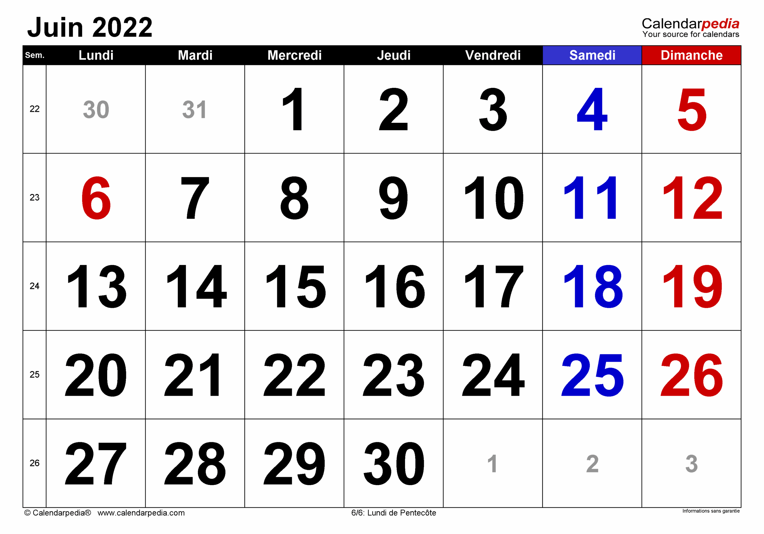 Calendrier Juin 2022 PDF Excel Et Word Calendarpedia