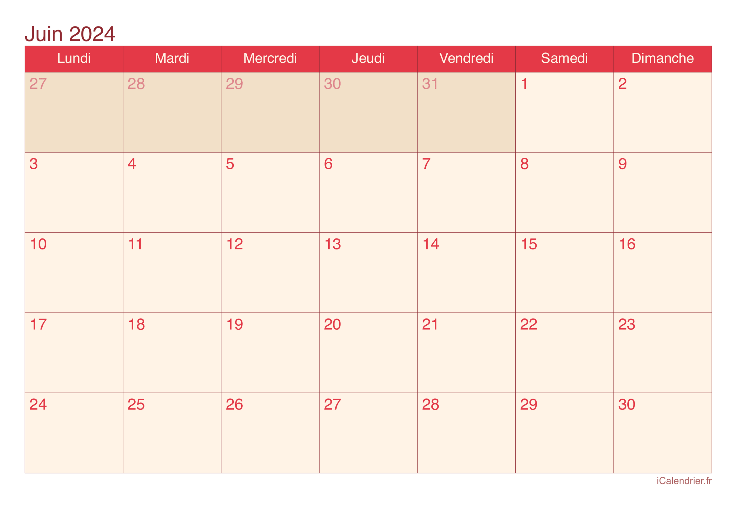 Calendrier Juin 2024 Imprimer