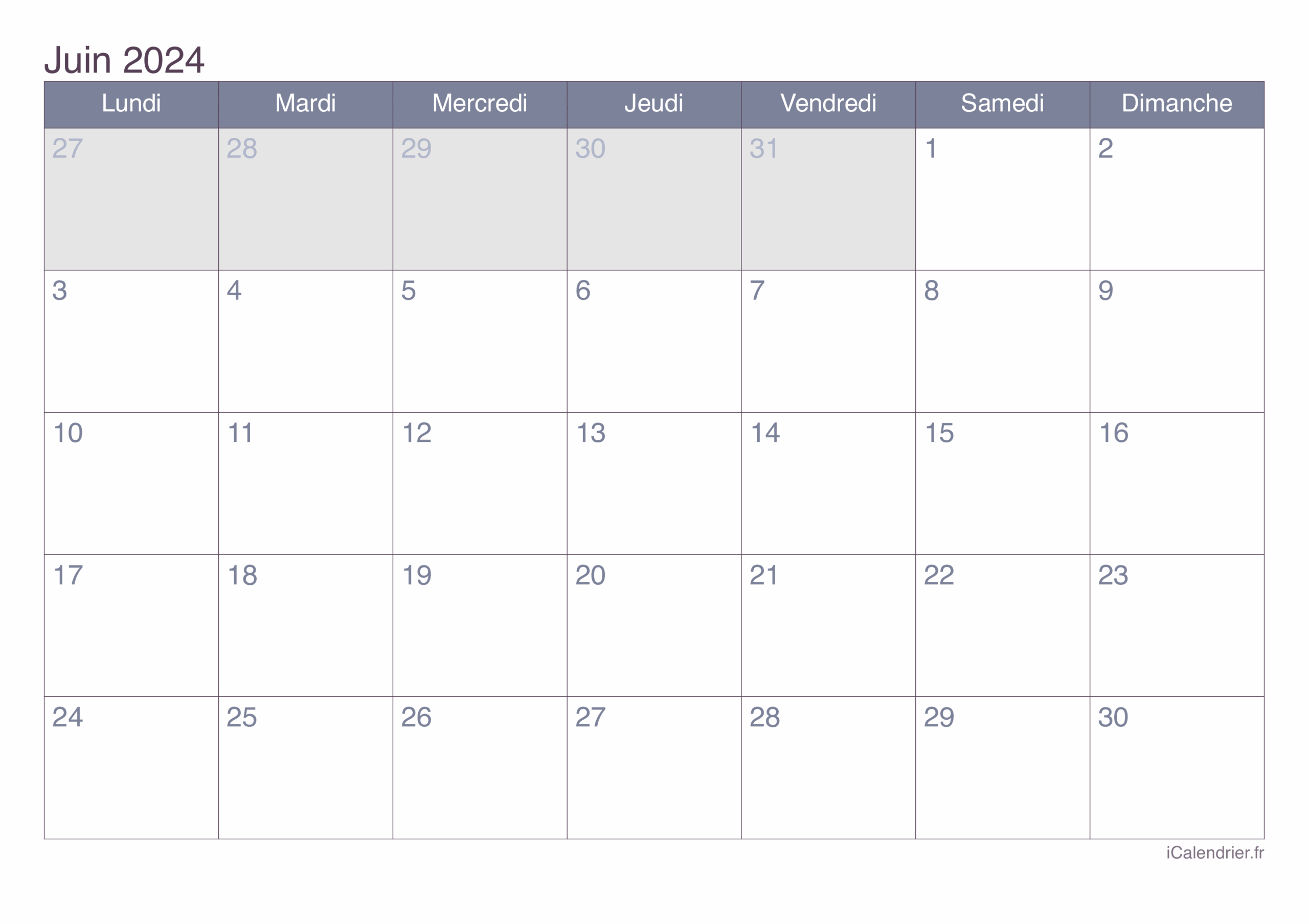 Calendrier Juin 2024 Imprimer