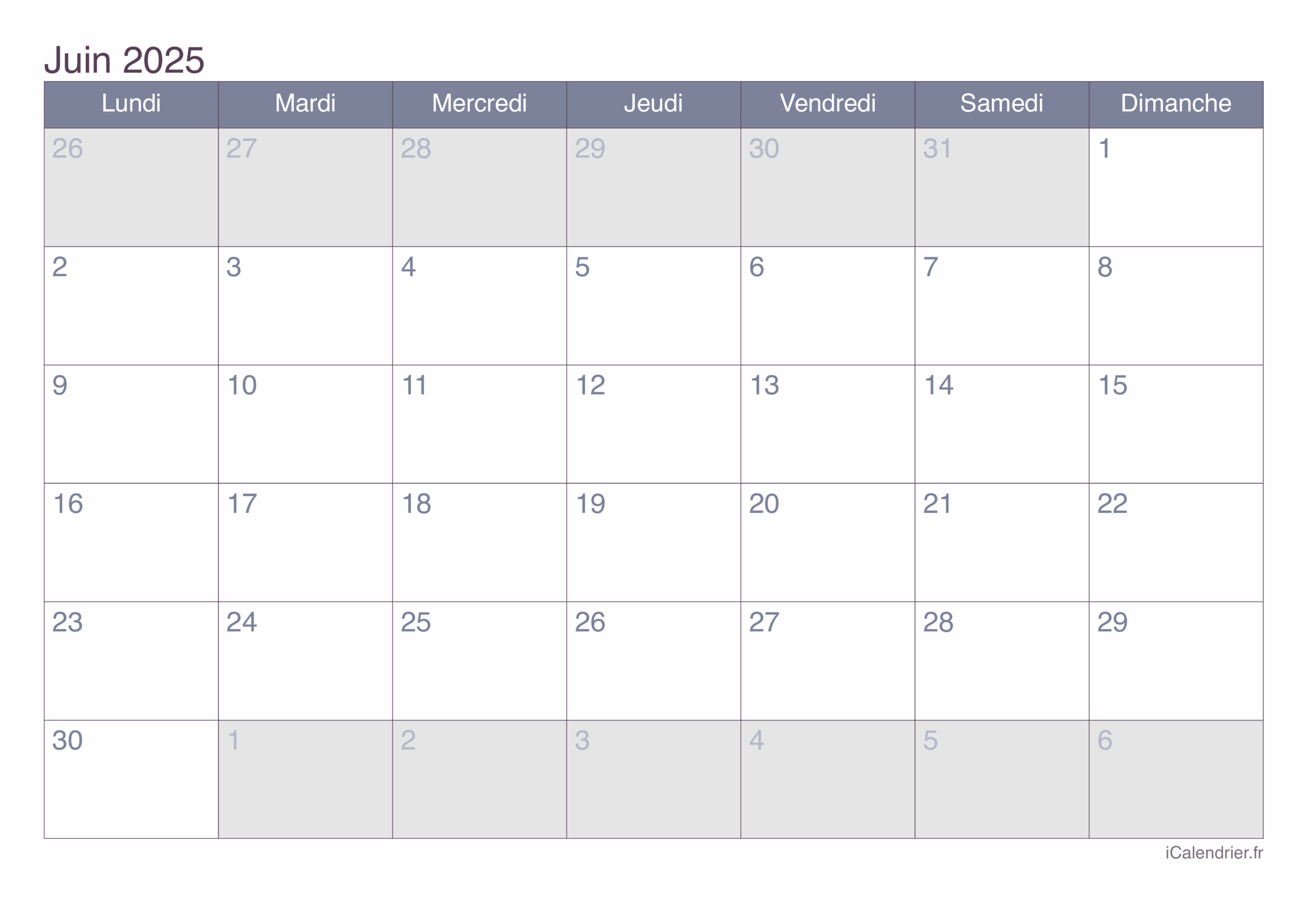 Calendrier Juin 2025 Imprimer