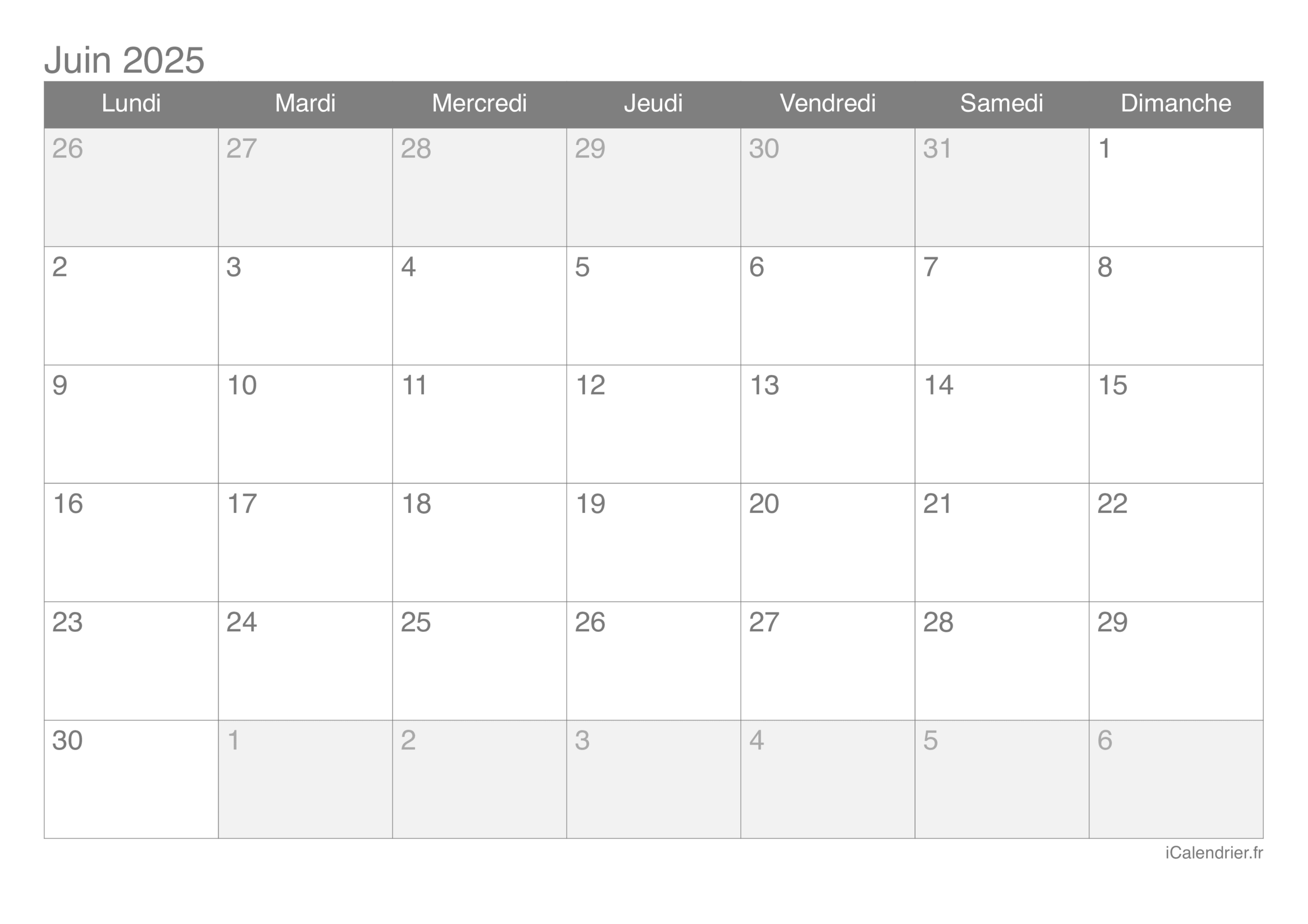 Calendrier Juin 2025 Imprimer