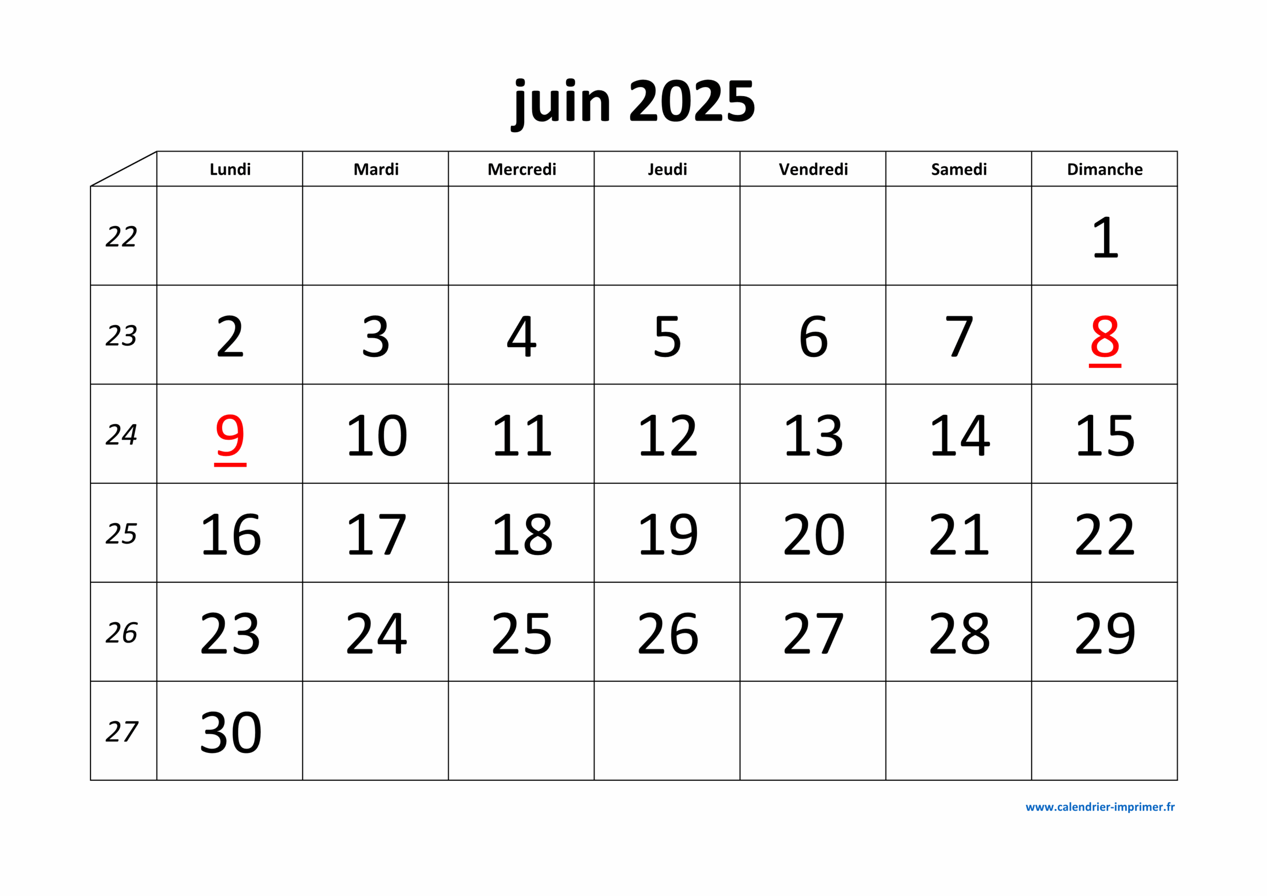 Calendrier Juin 2025 Imprimer