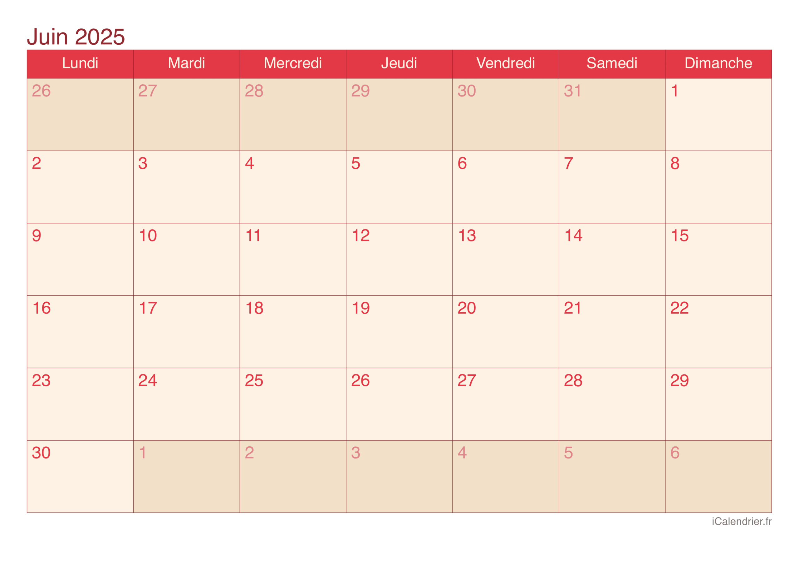 calendrier juin 2025 à imprimer