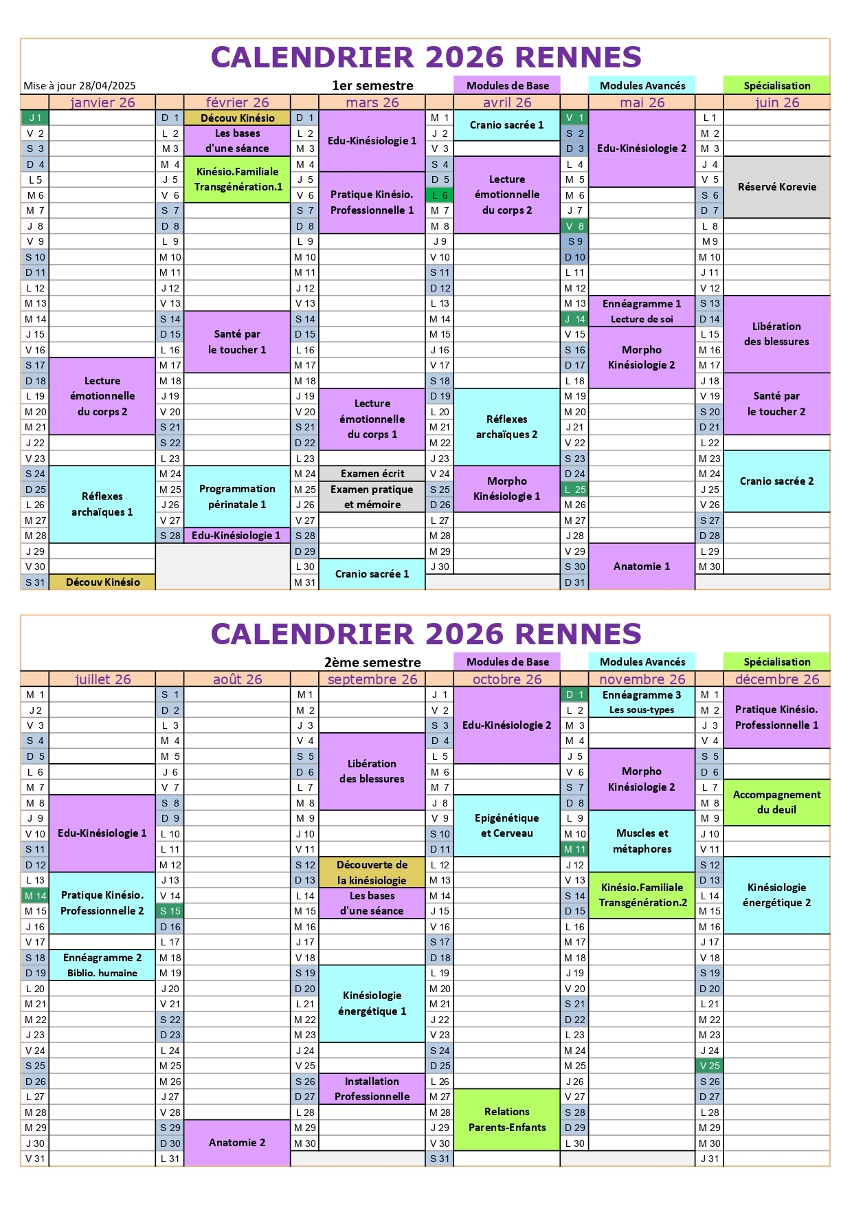 Calendrier Korevie Rennes Annuel 