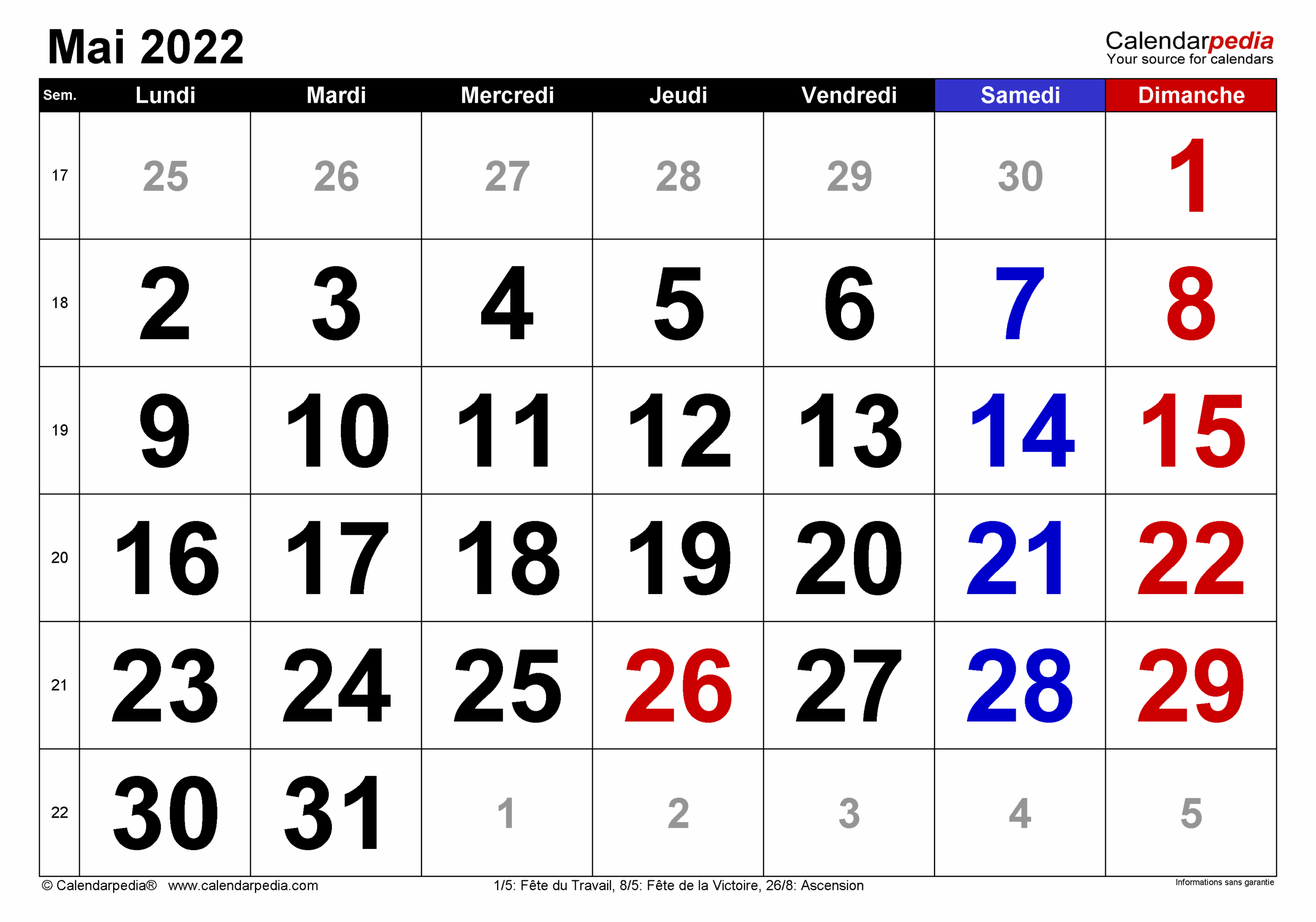 Calendrier Mai 2022 PDF Excel Et Word Calendarpedia