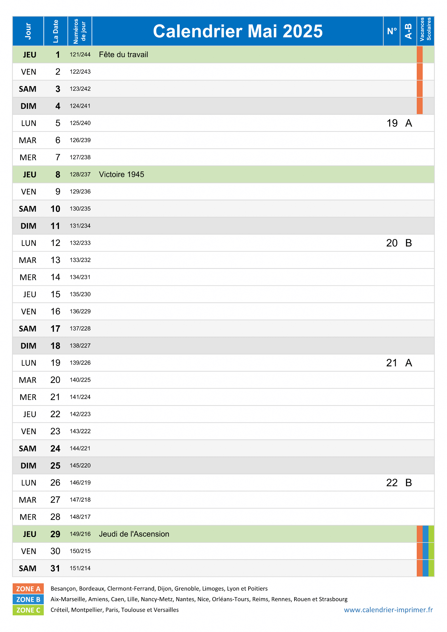 Calendrier Mai 2025 Imprimer