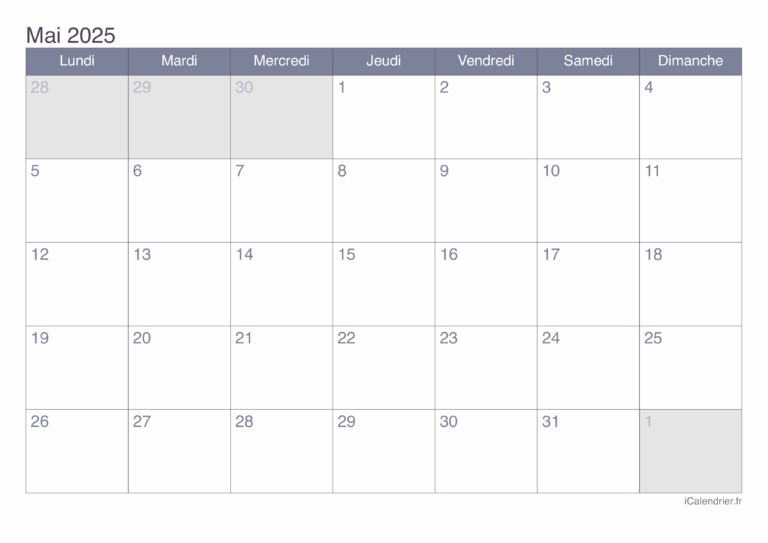 Calendrier Mai 2025 Imprimer