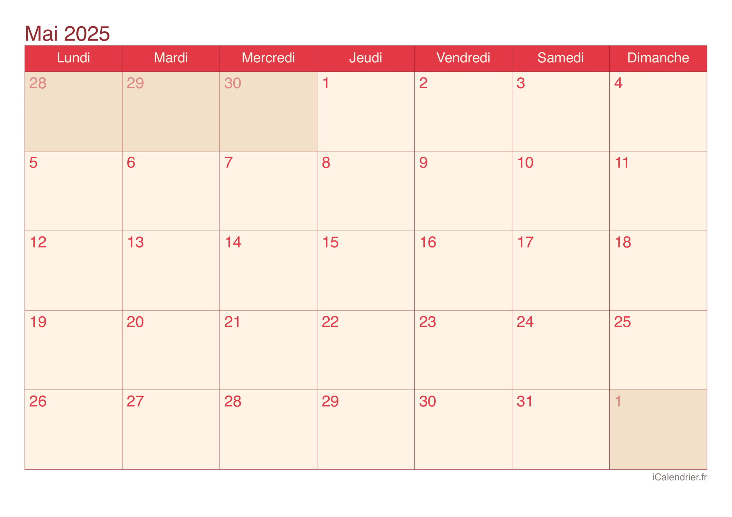 Calendrier Mai 2025 Imprimer