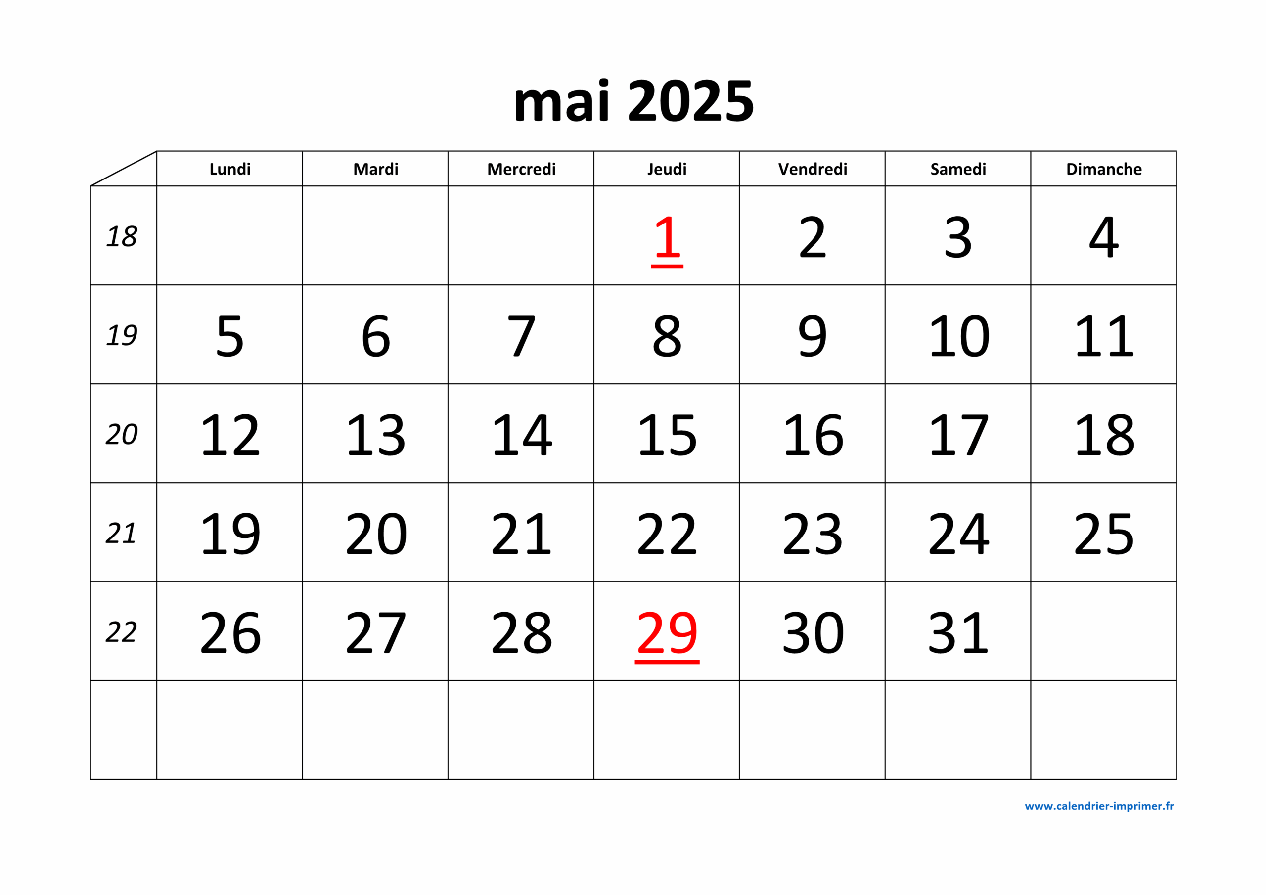 Calendrier Mai 2025 Imprimer