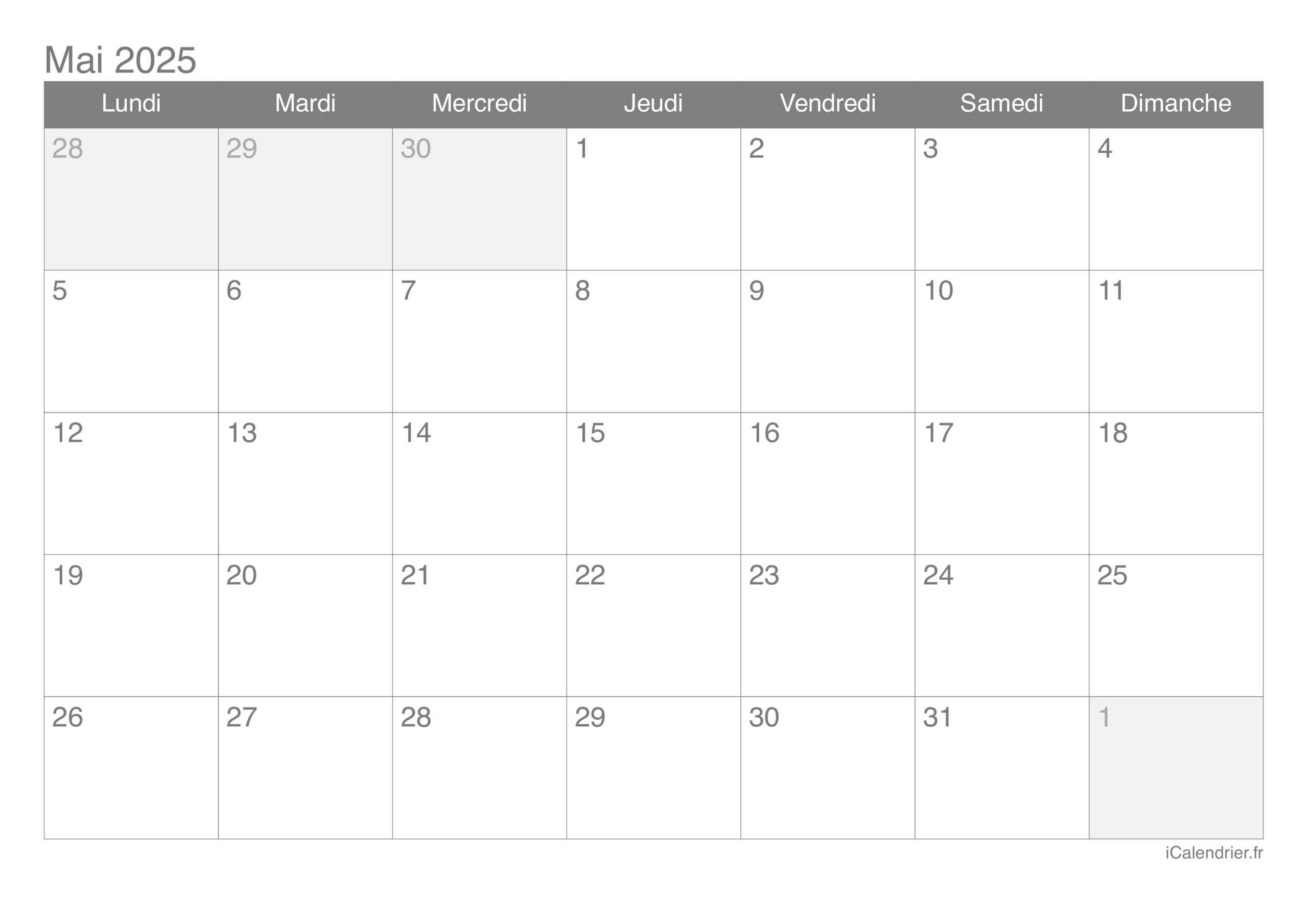 Calendrier Mai 2025 Imprimer