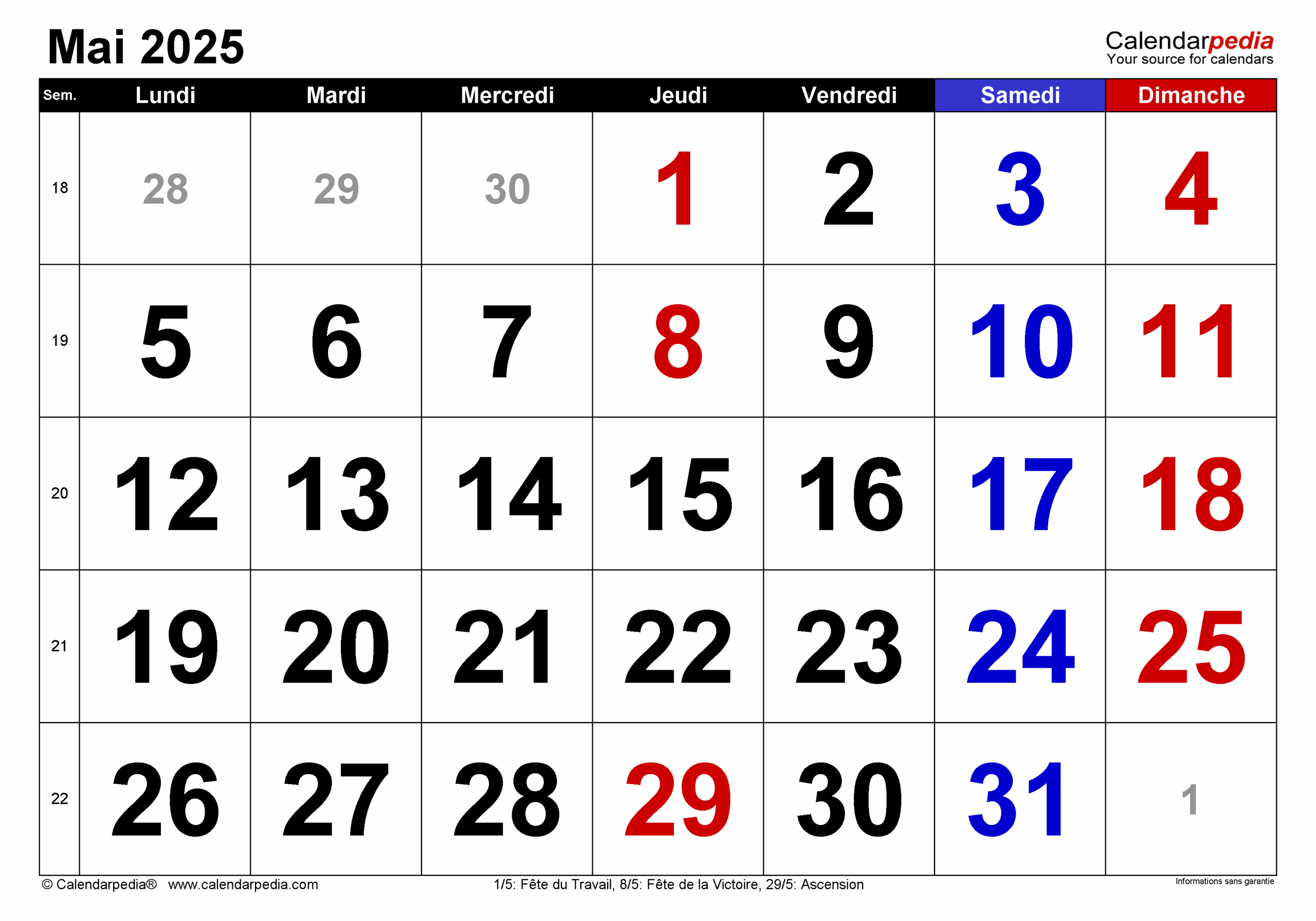Calendrier Mai 2025 PDF Excel Et Word Calendarpedia