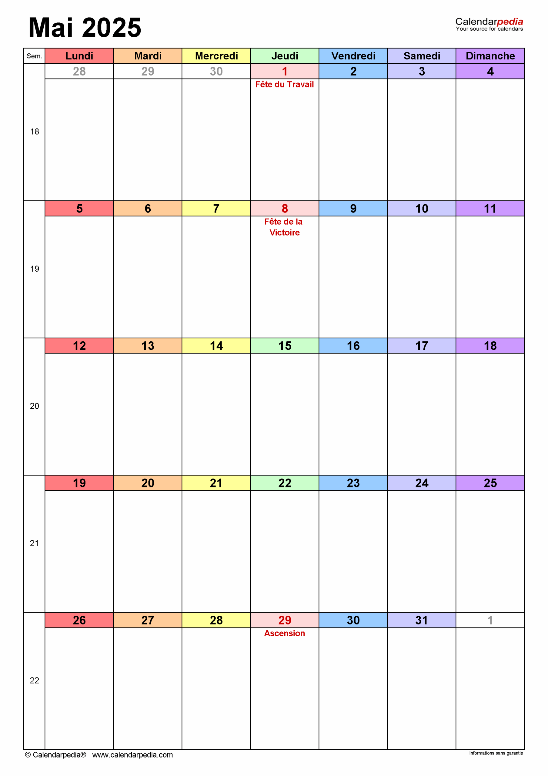Calendrier Mai 2025 PDF Excel Et Word Calendarpedia