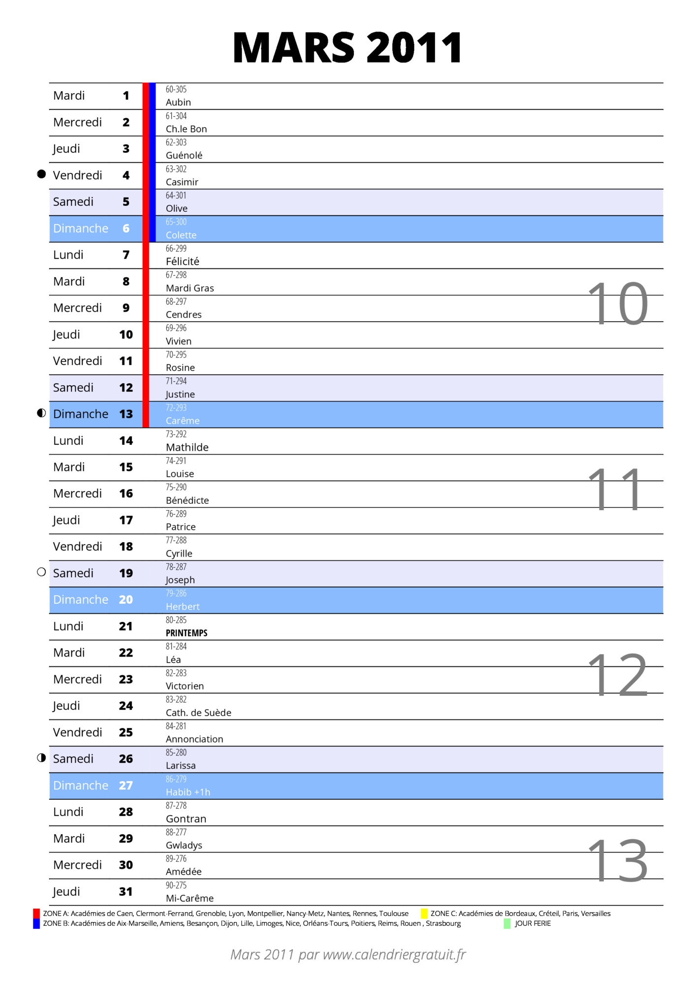 calendrier lunaire 2011