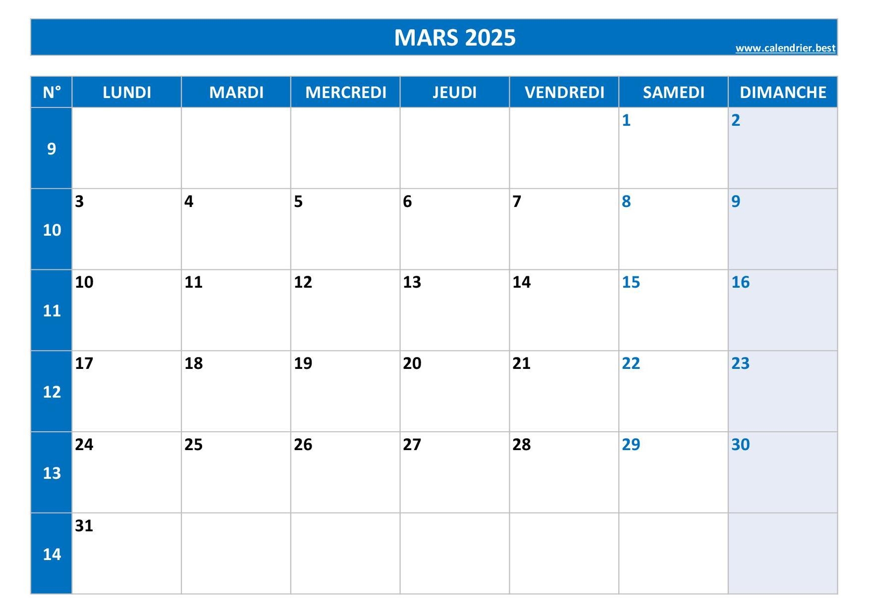 Calendrier Mars 2025 Consulter Ou Imprimer Calendrier best
