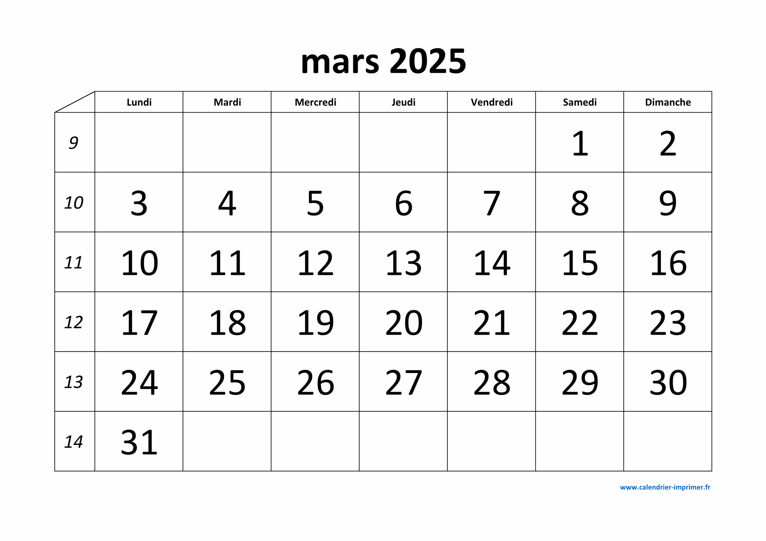 Calendrier Mars 2025 Imprimer