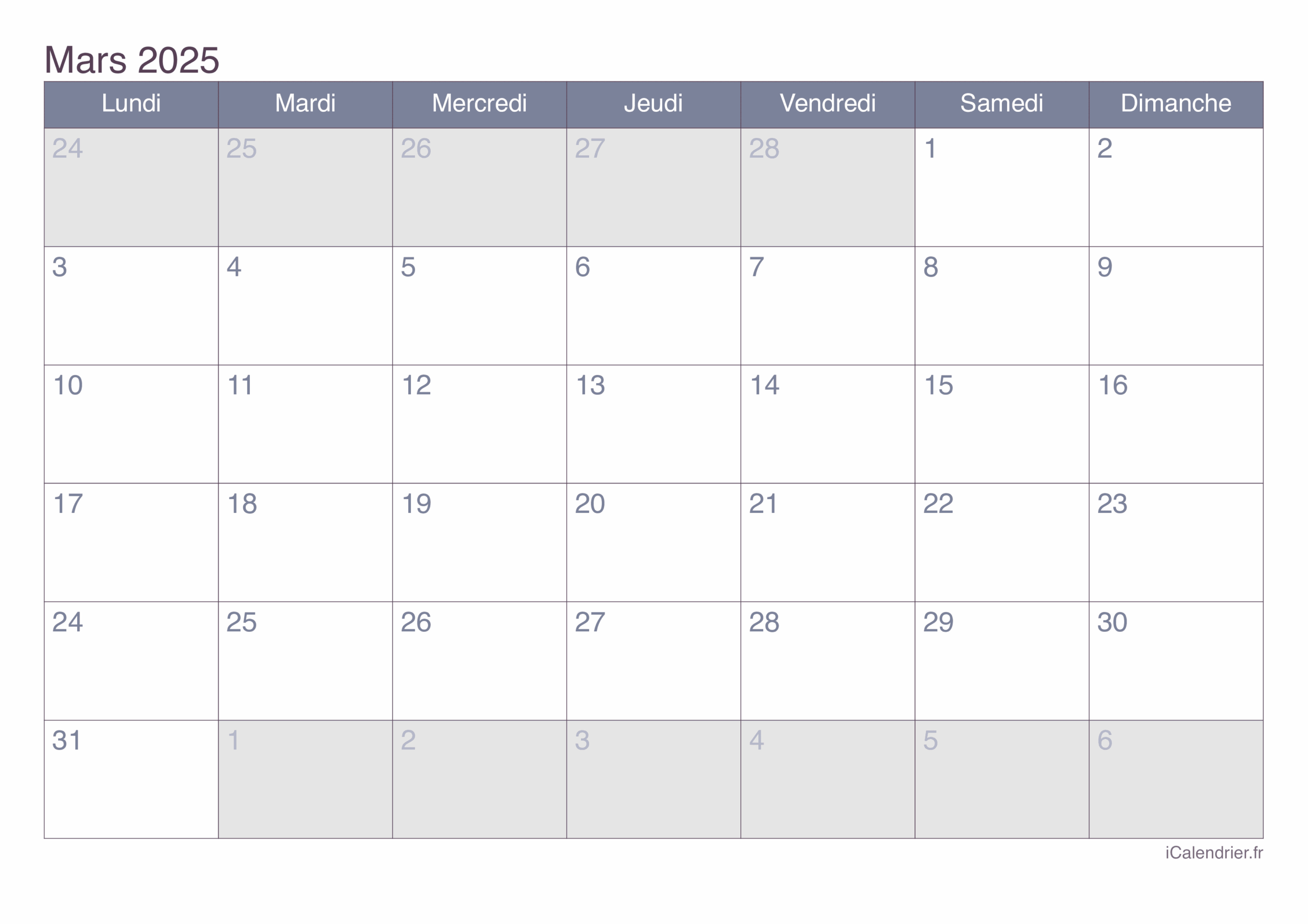 Calendrier Mars 2025 Imprimer