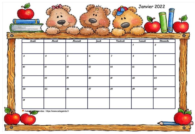 Calendrier Mensuel 2022 cole Maternelle