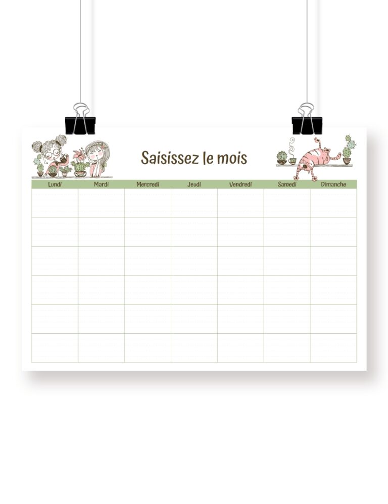 Calendrier Mensuel Perp tuel Personnalisable Cactus Mon Agenda PdF